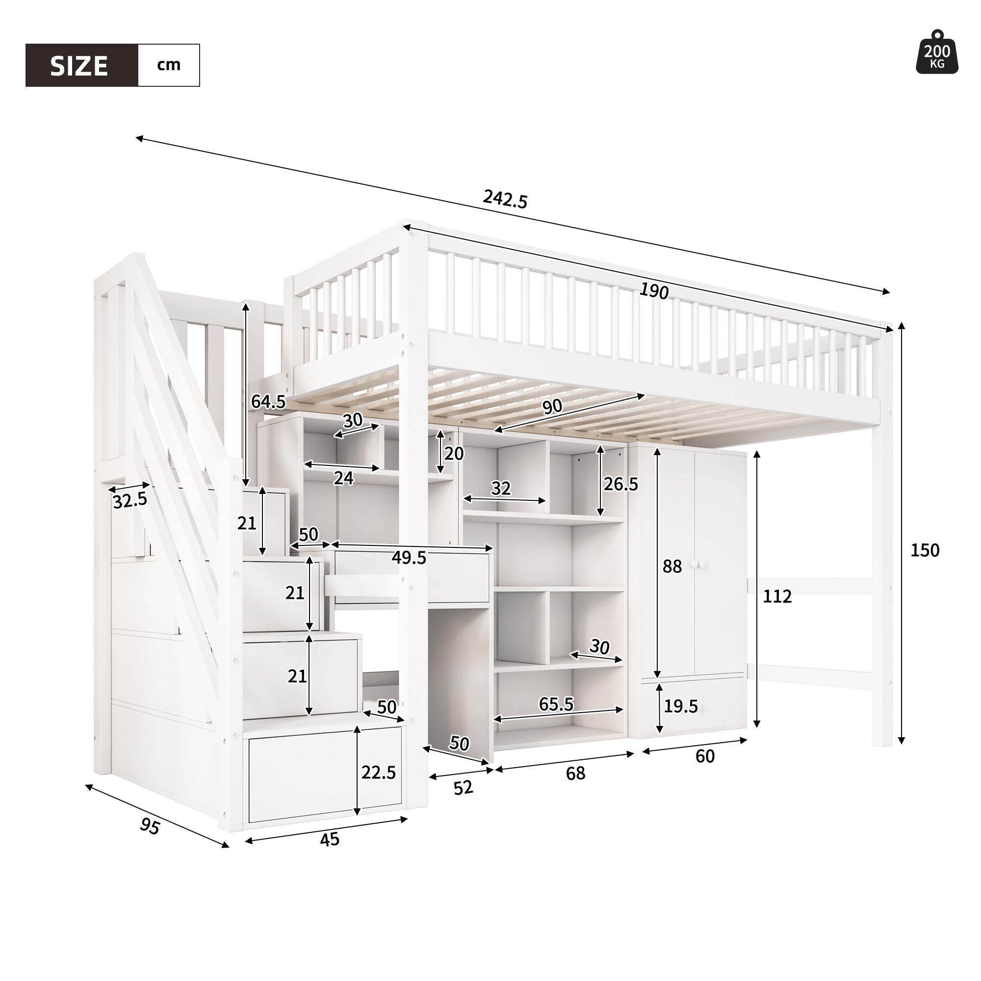 Kids Study Bed with Desk & Stairs - Multifunctional Single Bed Frame (UK 90x190cm), Solid Wood & MDF Construction, Built-in Wardrobe & Lockers, White