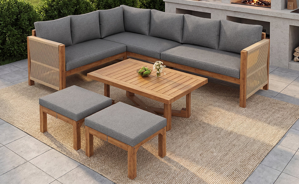 Modular Garden Furniture Set, 6-Seater Corner Sofa with 2 Stools and Table, Acacia Wood