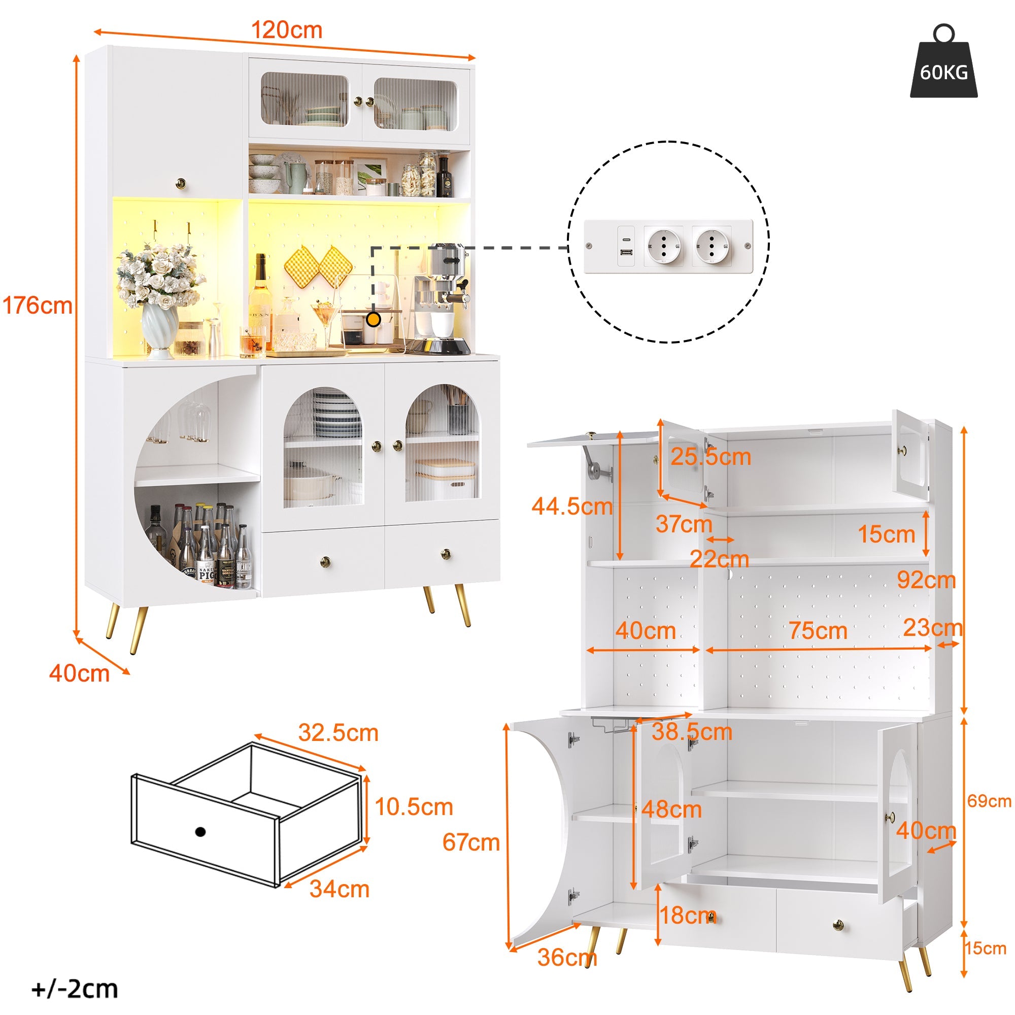 Modern Sideboard and Tall Kitchen Cabinet with LED Lighting, USB Ports and Pegboard, White