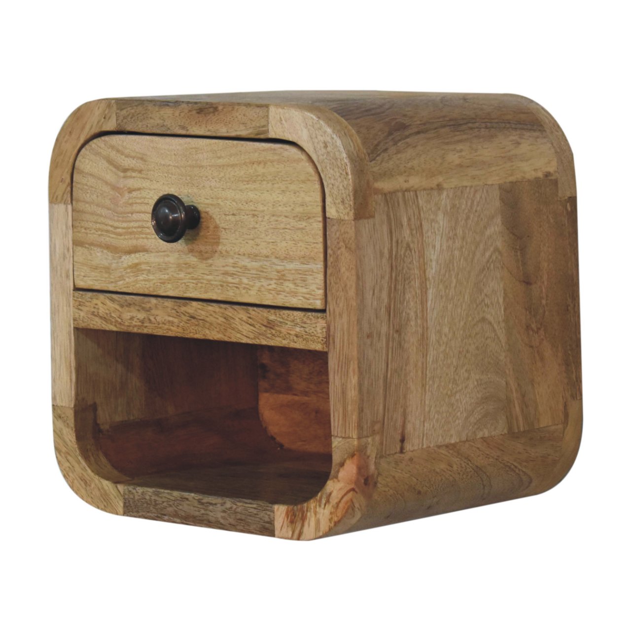 Bedside Cabinet - Extra Mini Curved with Open Slot, Drawer, and Shelf - Solid Wood Brown