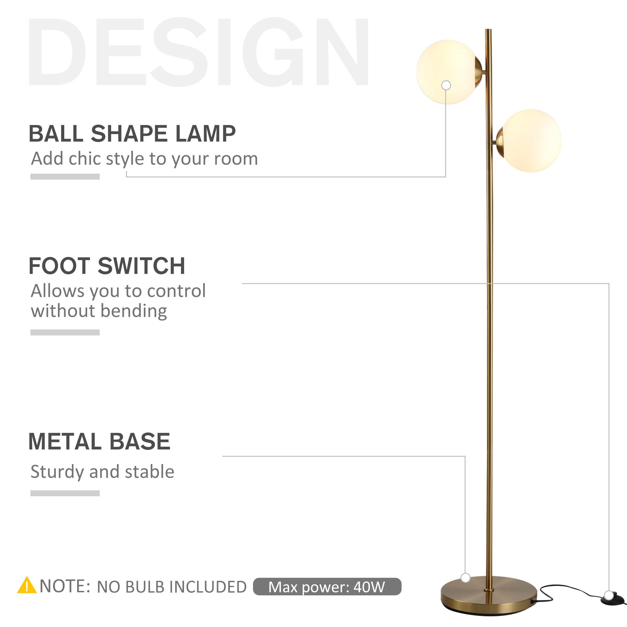 Floor Lamp 2-Piece, Glass Lampshade 165cm High, Gold and White