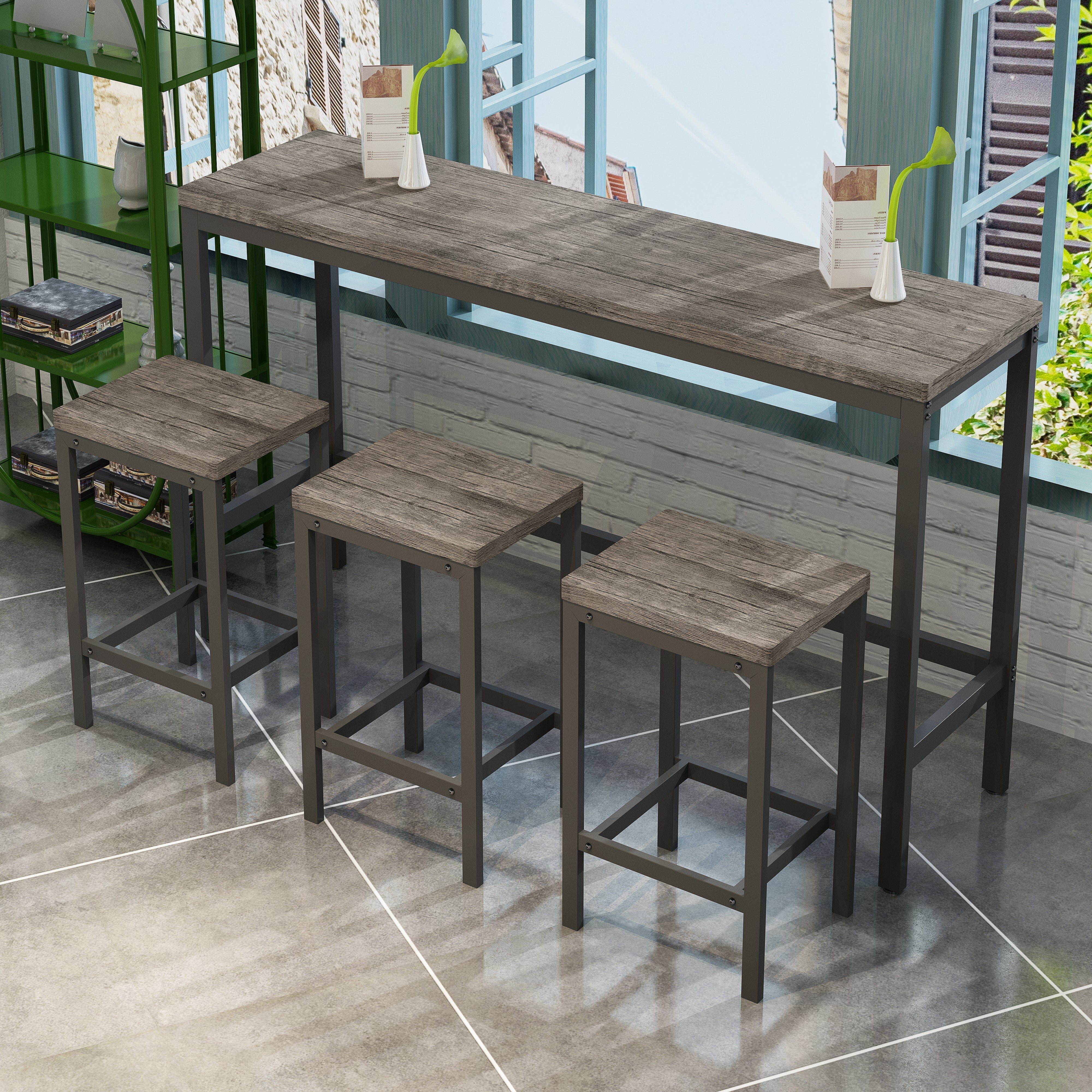 148CM Dining Table Set with 3 Stools, Modern Design, Brown Gray
