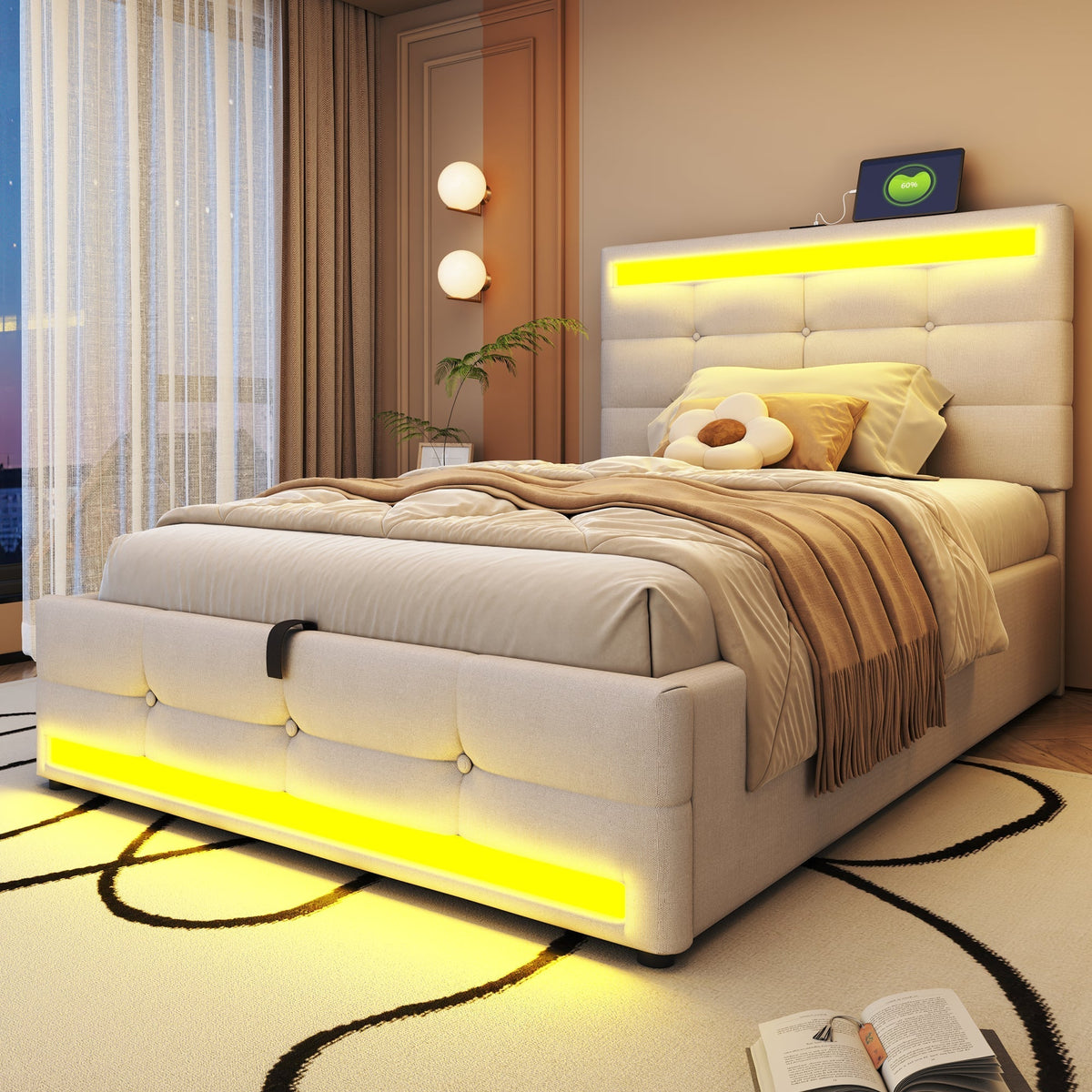Upholstered Bed 90x200 Hydraulic Storage USB LED Light Strip, Beige Linen