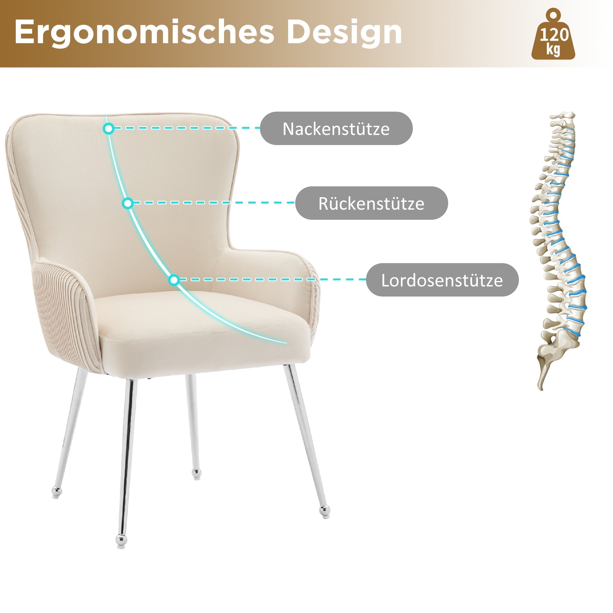 Velvet Dining Chair Set of 2 Armrests Lumbar Support Adjustable Silver Legs - Beige