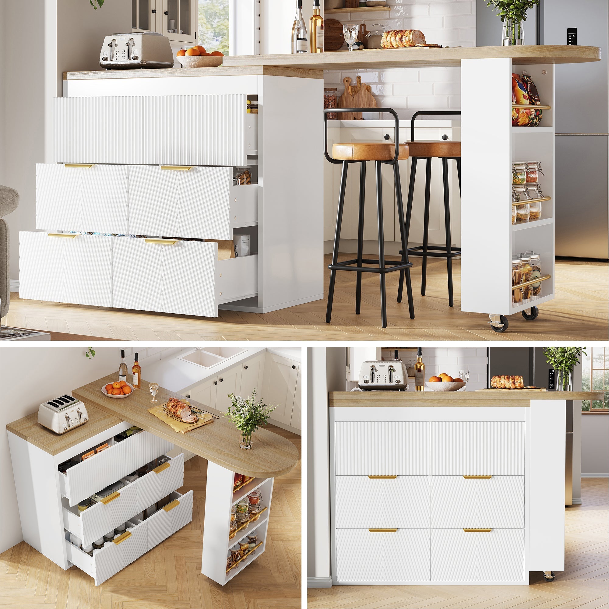Multifunctional Bar Table with 6 Drawers and 360 Degree Rotation, White