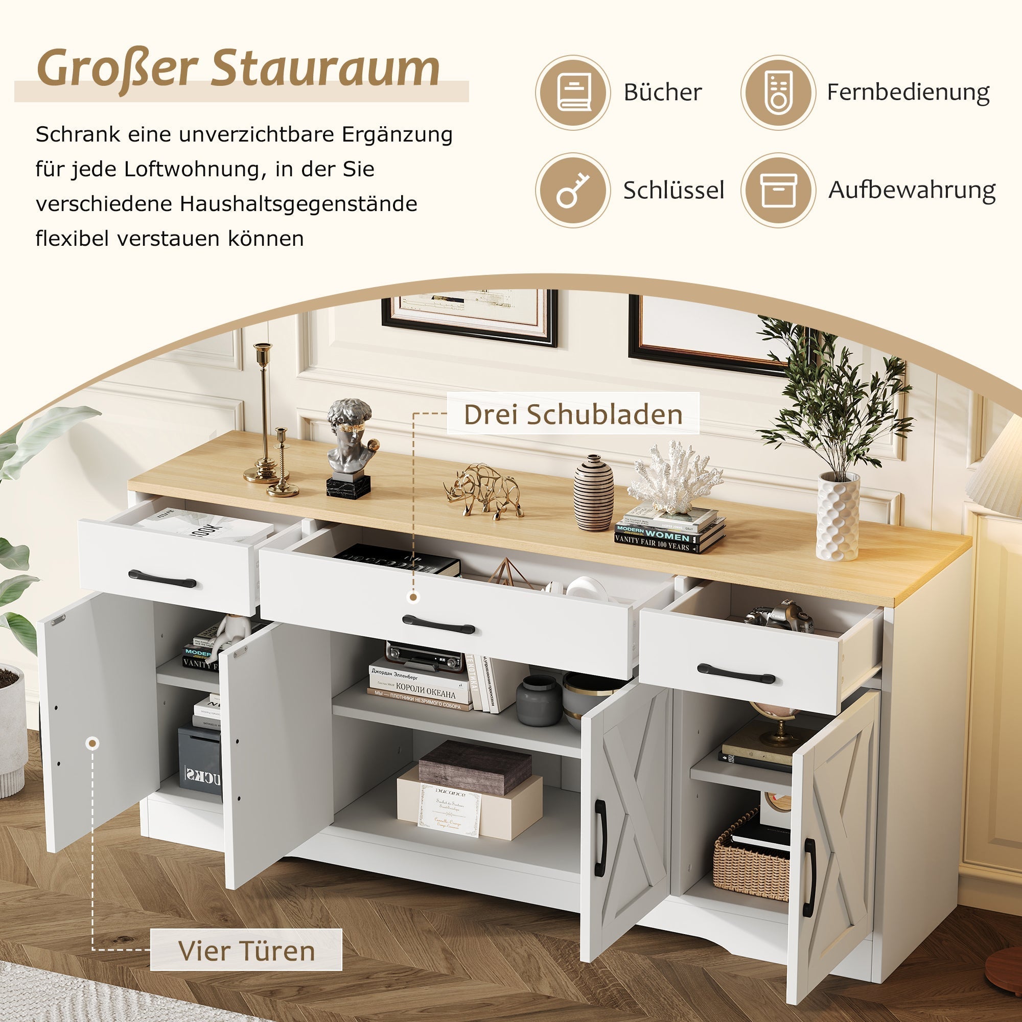 Sideboard Multifunctional Wooden Cabinet, White
