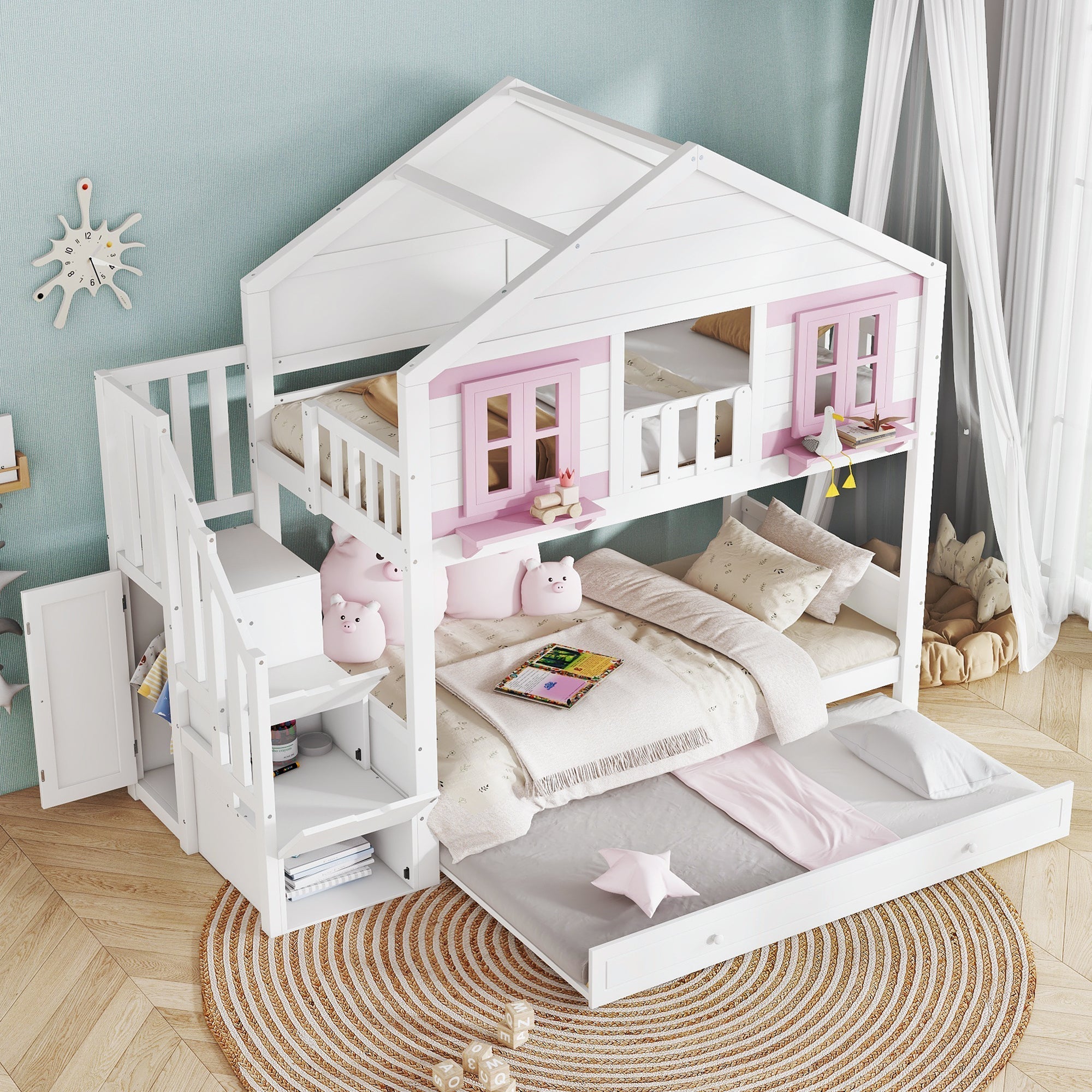 Bunk Bed 90x200cm Trundle Clothes Hanging House Design - White/Pink