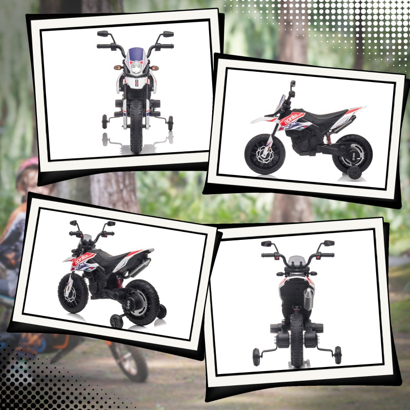 AIYAPLAY Kids' Motorcycle with Training Wheels, LED Lights, Music, USB, 12V, White