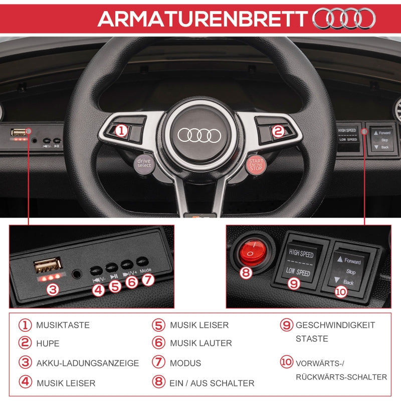 Audi Kinder-Elektroauto, 2.4G Fernbedienung, Musik, Hupe, LED, USB, Schwarz