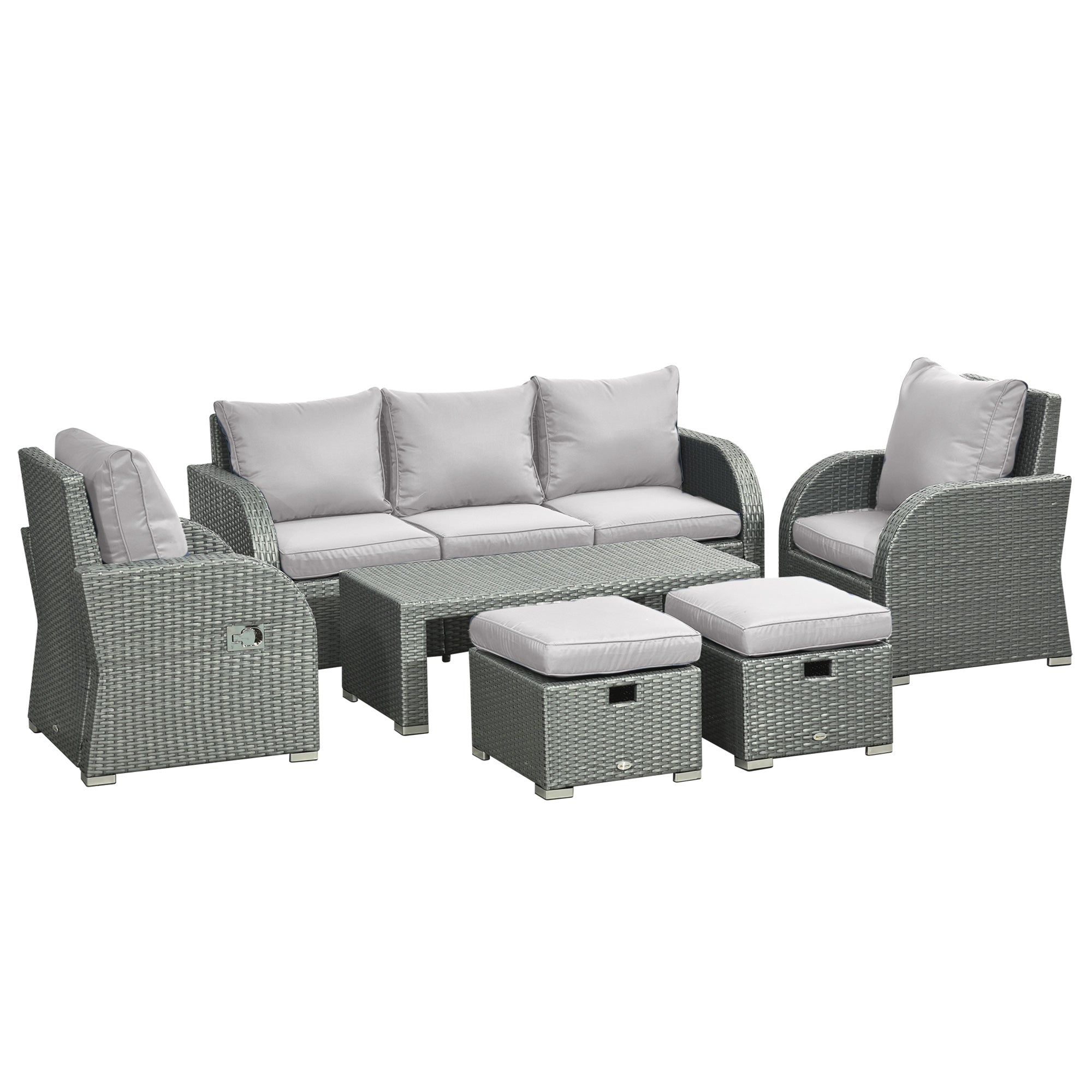 Six-piece Outdoor Rattan Dining Sofa Set with Reclining Armchairs, Grey
