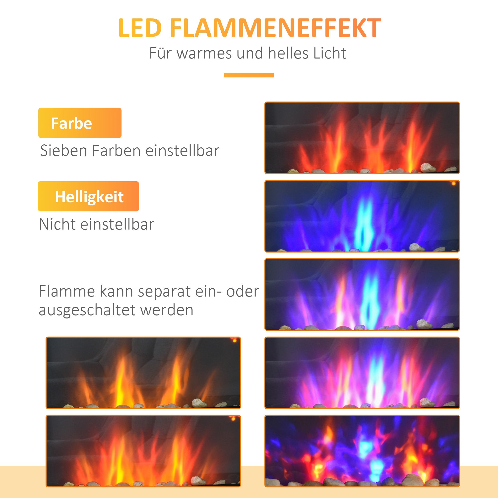 Electric Fireplace, LED Flame Effect 1000/2000W 7 Colors Remote Control Wall-Mounted, Black