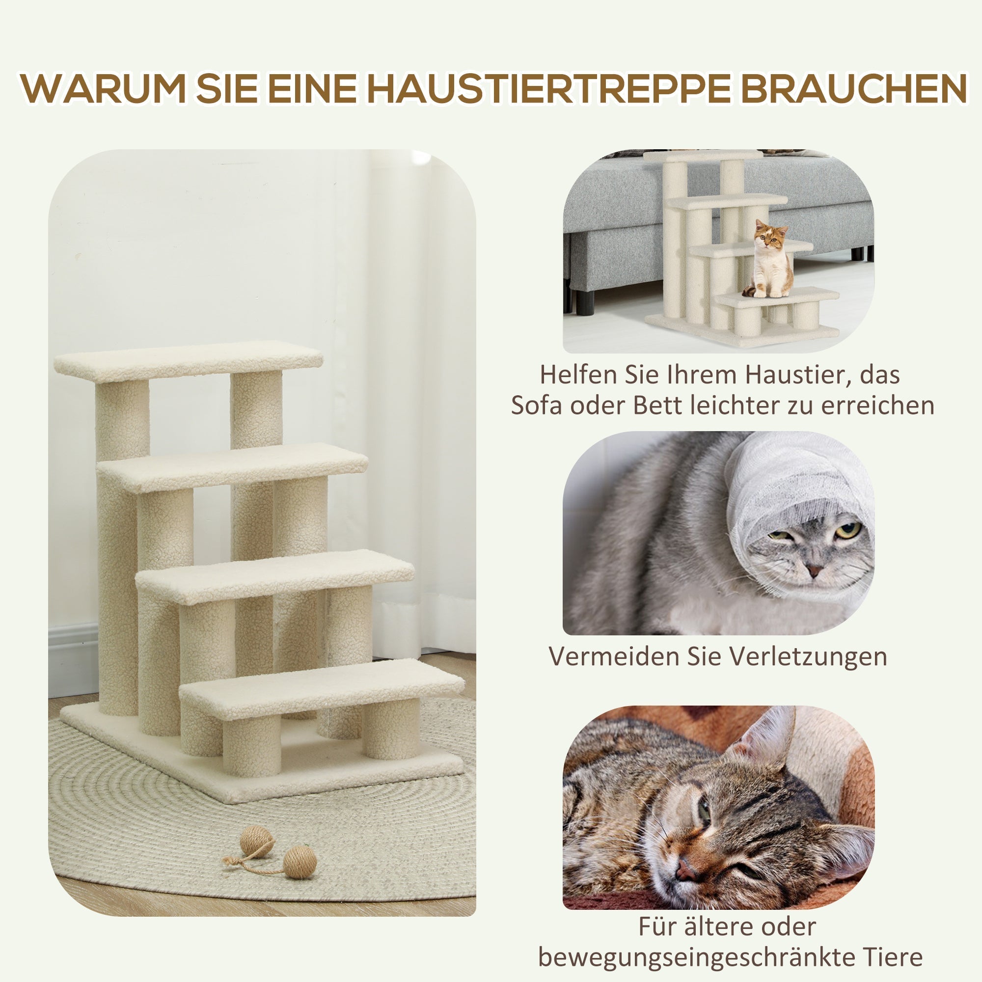 Haustiertreppe, 4 Stufen, ideal für ältere Tiere, Plüsch Beige