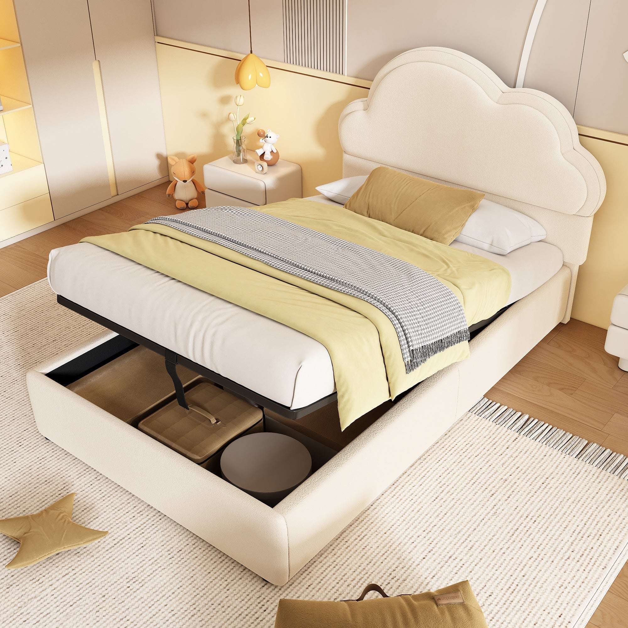 Upholstered Bed, 3ft Single Hydraulic Storage with Cloud Backrest, Beige Velvet