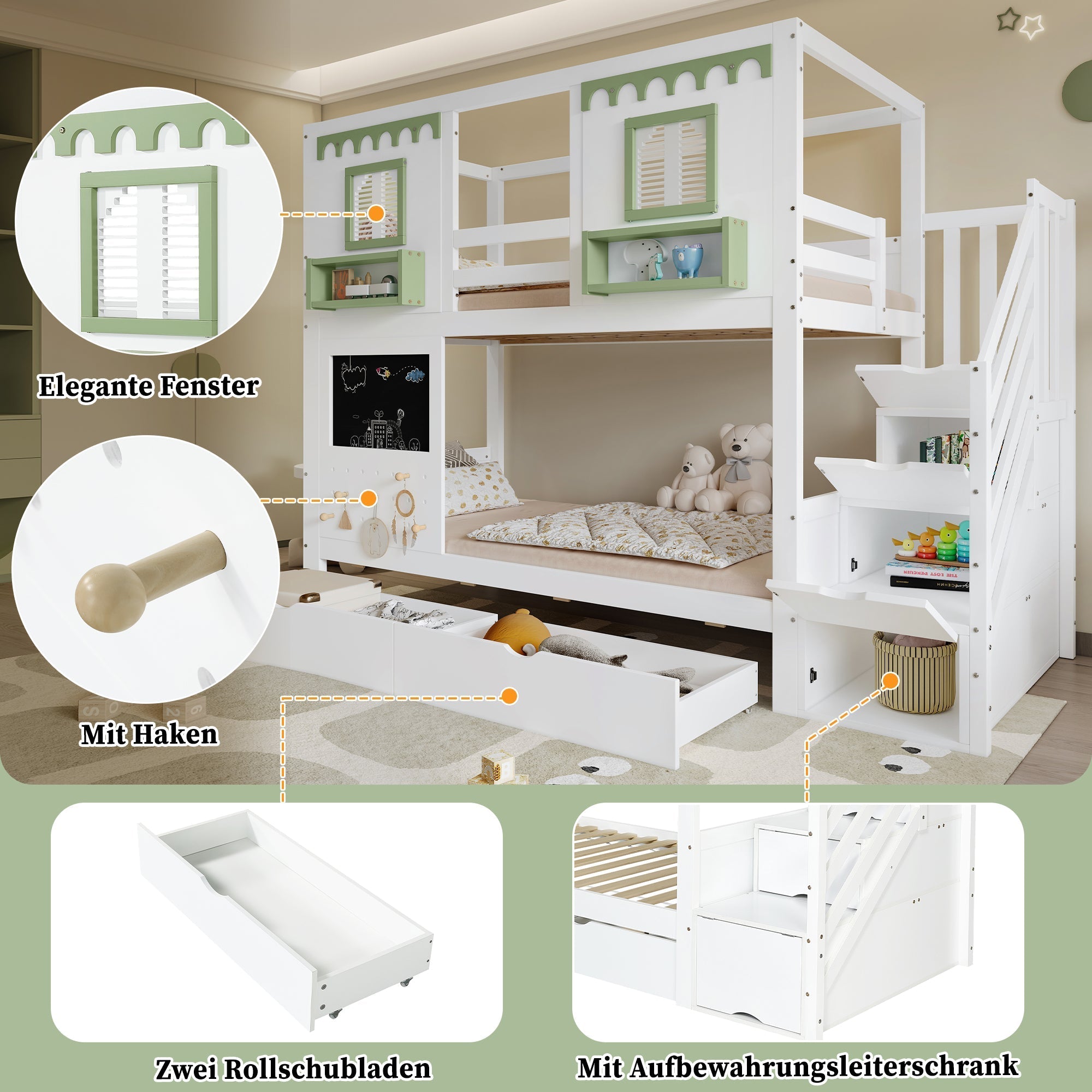 Bunk Bed 90x200cm Pegboard with Hooks 2 Drawers & Stair Storage Cabinet White + Green Pine