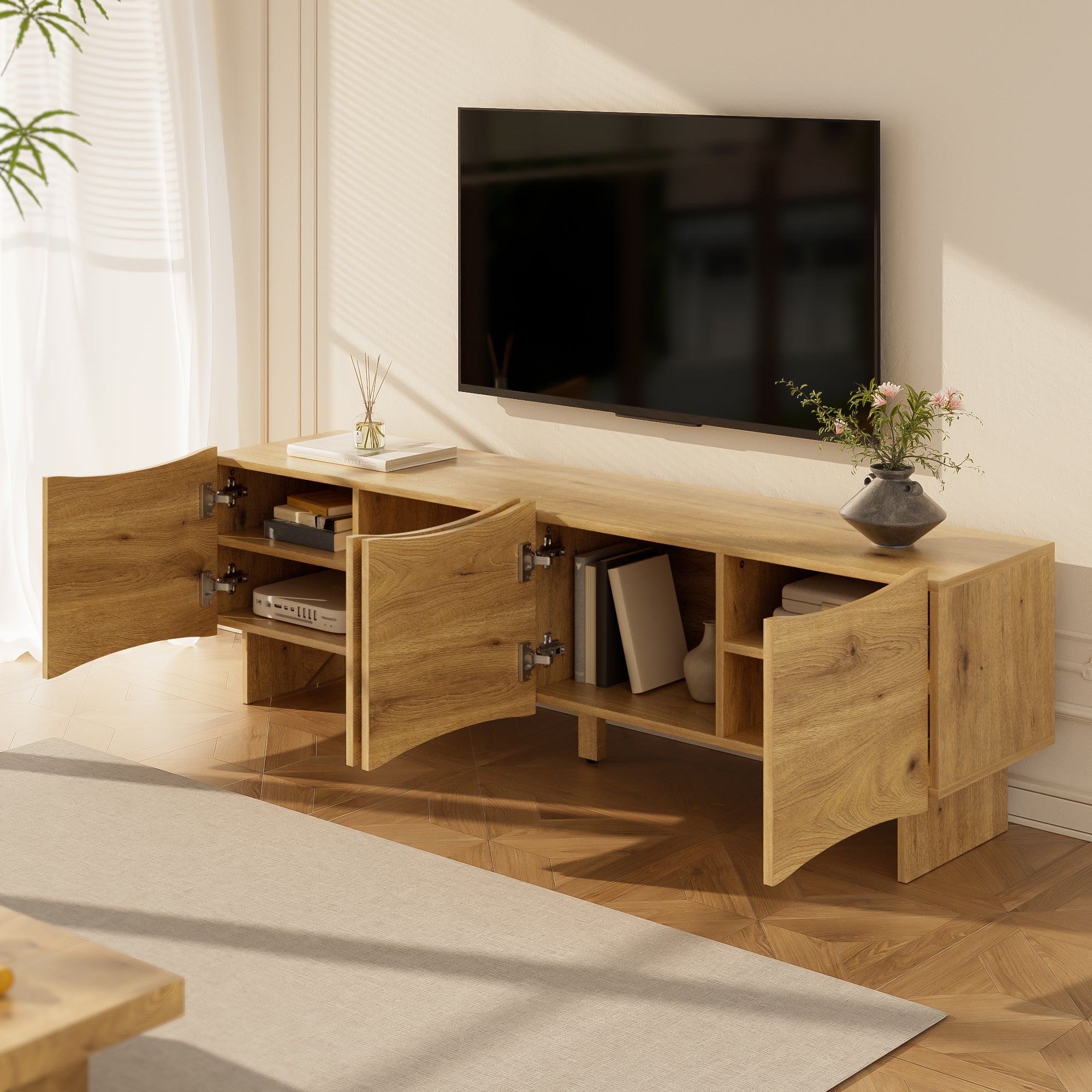 Modern TV Cabinet, 155cm Media Console with 4 Doors & Storage, Wood Look