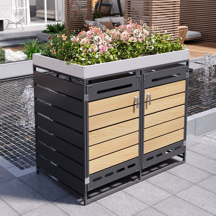 Garden Bin Storage with Planter Box, Slotted Ventilation and Lockable Door, Iron with Wood-Look Slats