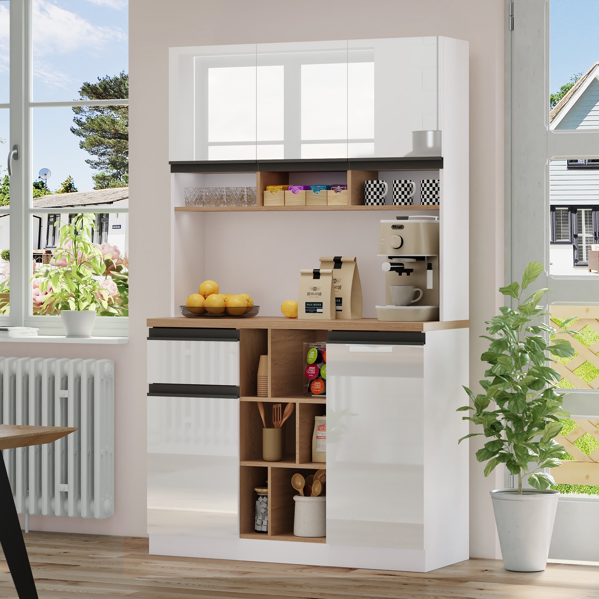Modern Kitchen Cabinet with Drawers Adjustable Shelves Open Storage - White