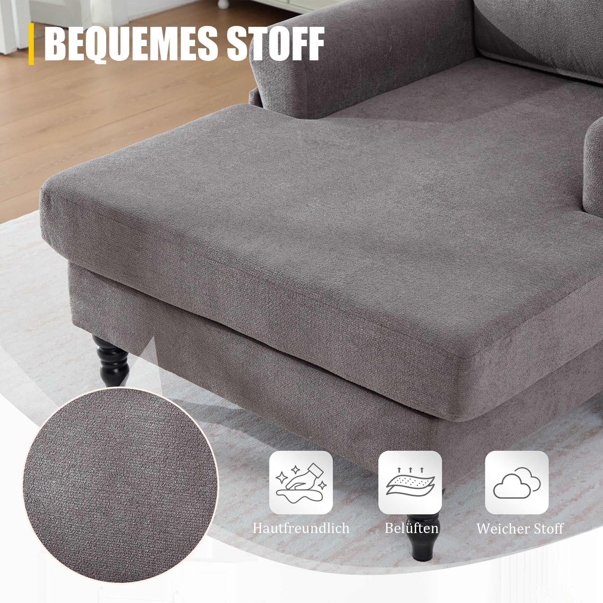 Modern Minimalist Lounger Single Sofa with Wooden Legs and Side Pockets, Chenille Fabric