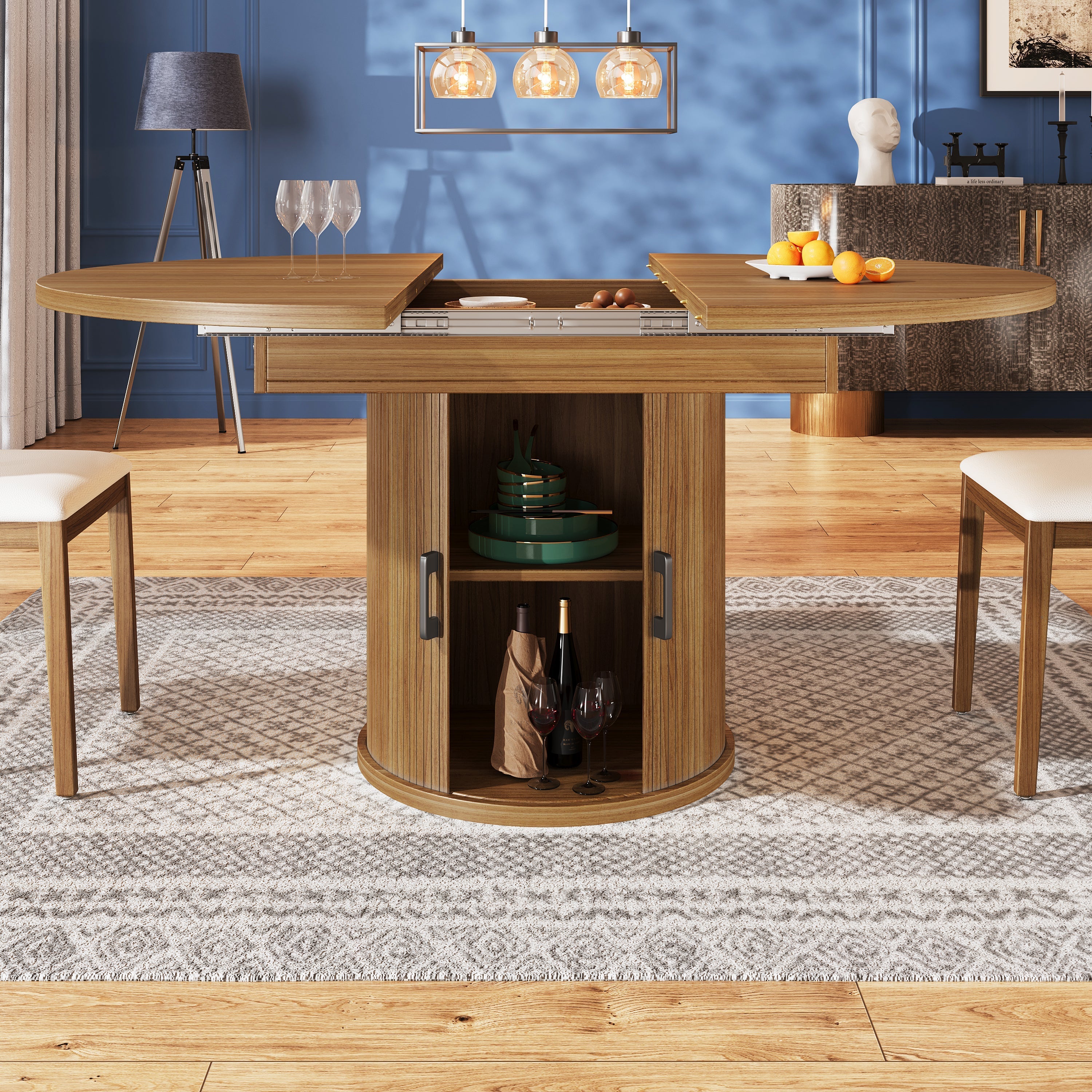 Extendable Dining Table Round/Oval 118-158 cm Seats 6 Walnut/Black