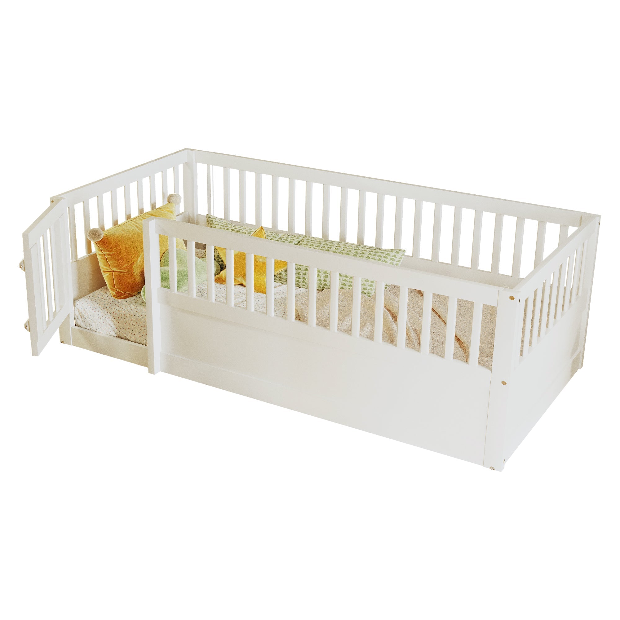 Children's Bed 90x200cm with Railing and Door, White Wood