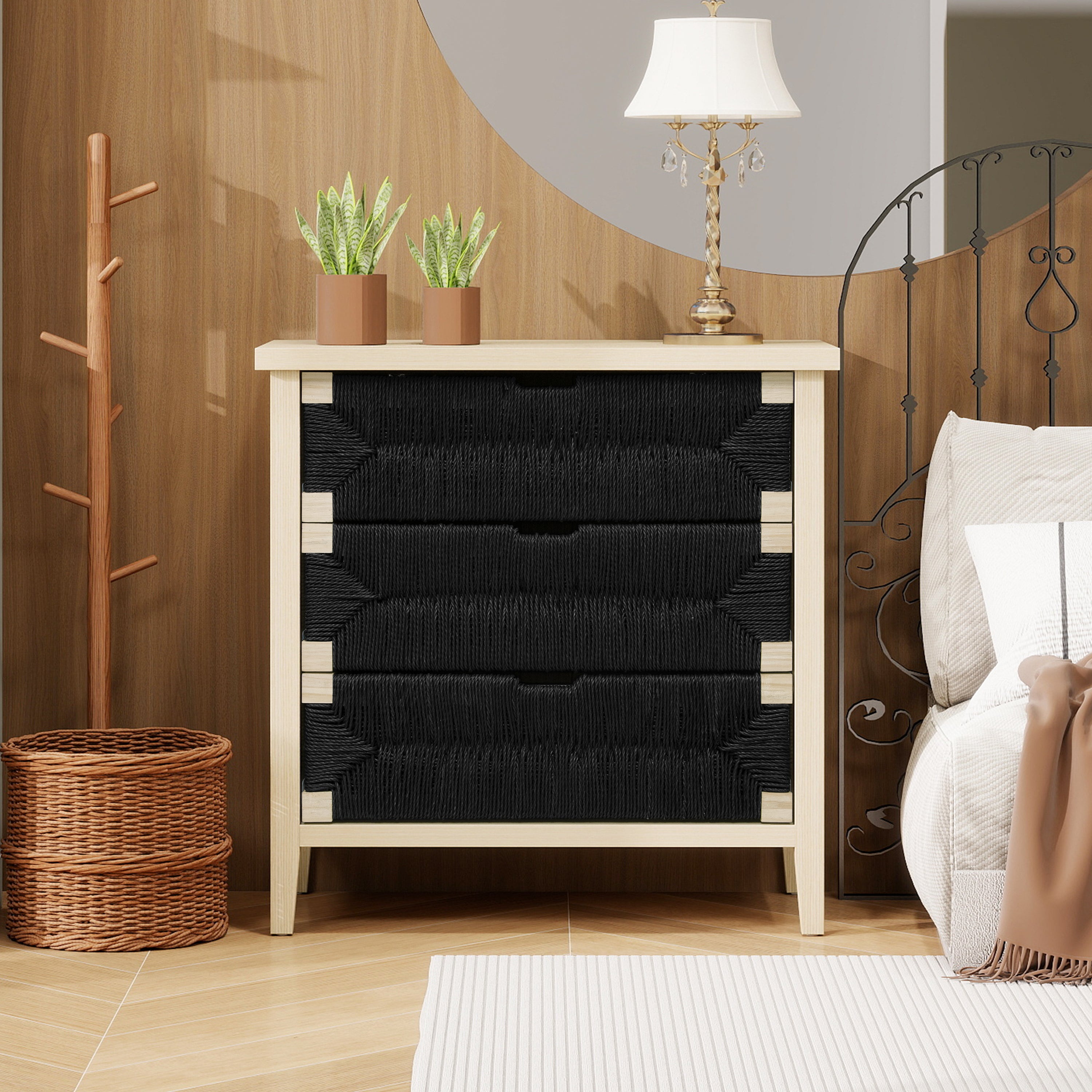 3-Drawer Chest of Drawers, Large Storage Boho Style (80x40x80 cm), Natural Wood Black Rope Design