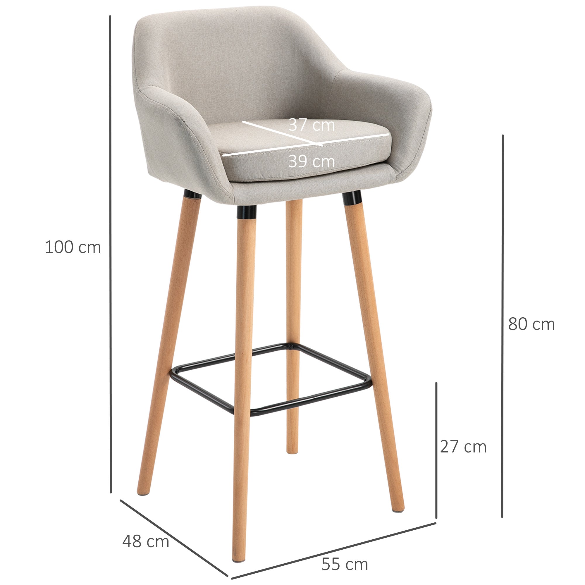 Bar Stool Set of 2, Comfortable Kitchen Stools with Footrests, Linen Beige/Beechwood