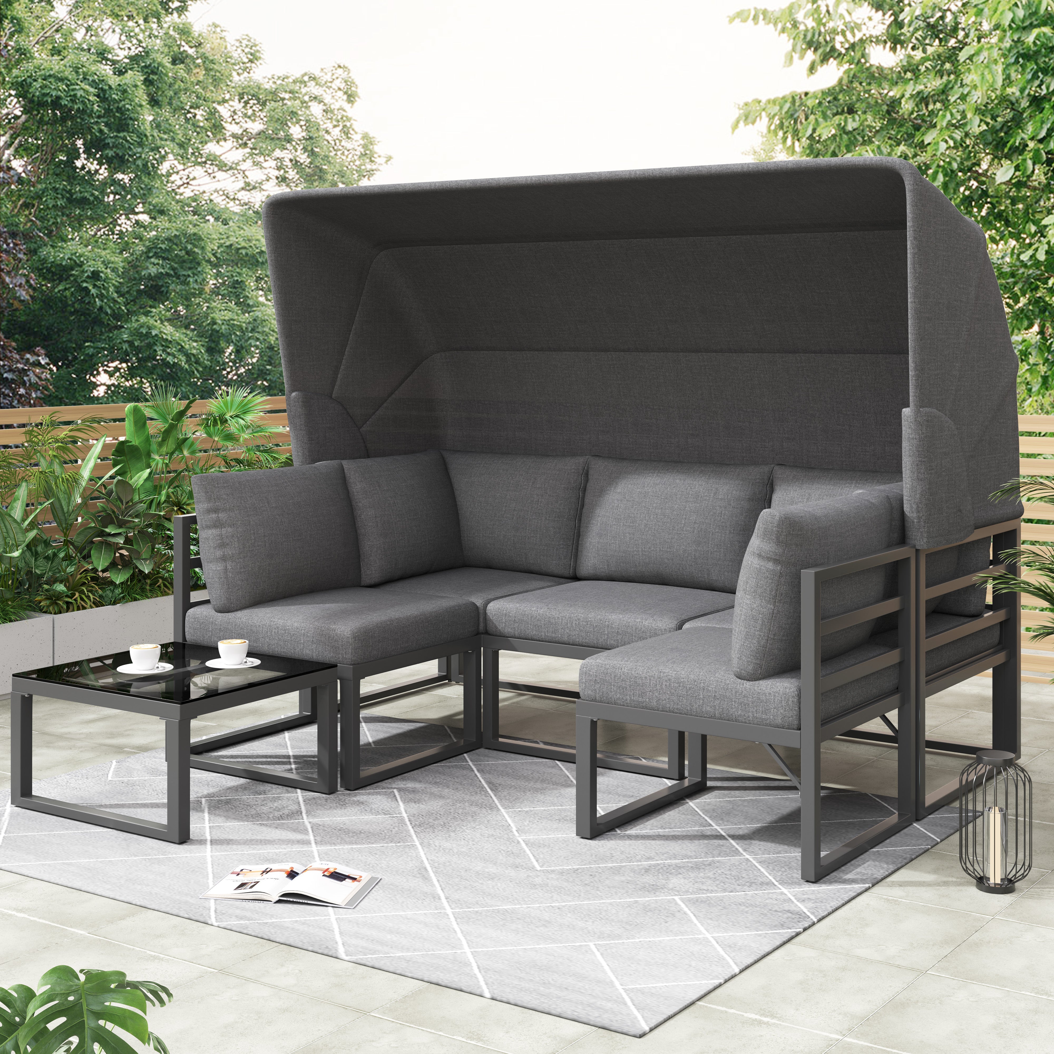 Garden lounge chair set iron, 4-piece seating group with stool table and awning, weatherproof gray