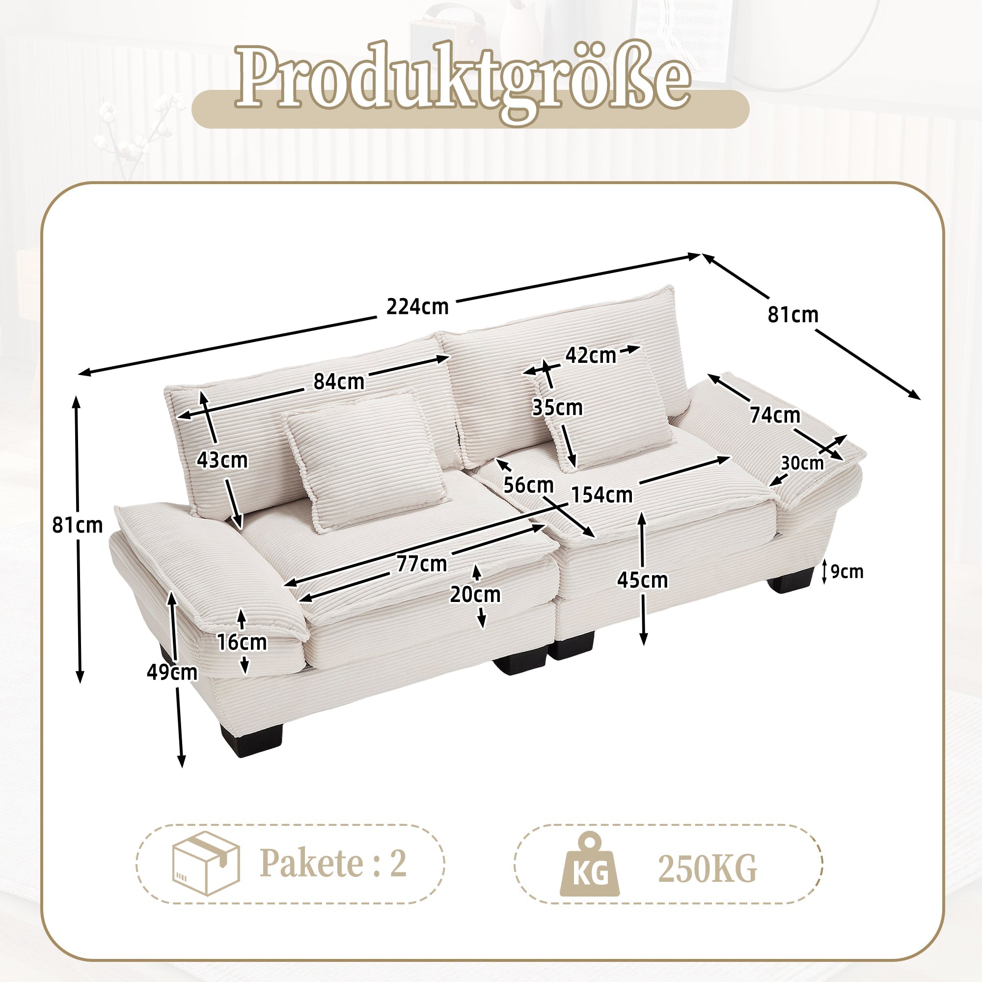 Double Sofa, Modern Simple Feather Bed Cozy Spacious, Beige