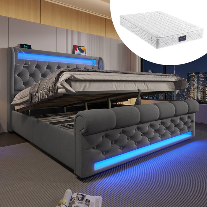 Upholstered Double Bed 160x200cm LED Storage Headboard Hydraulic Grey Velvet