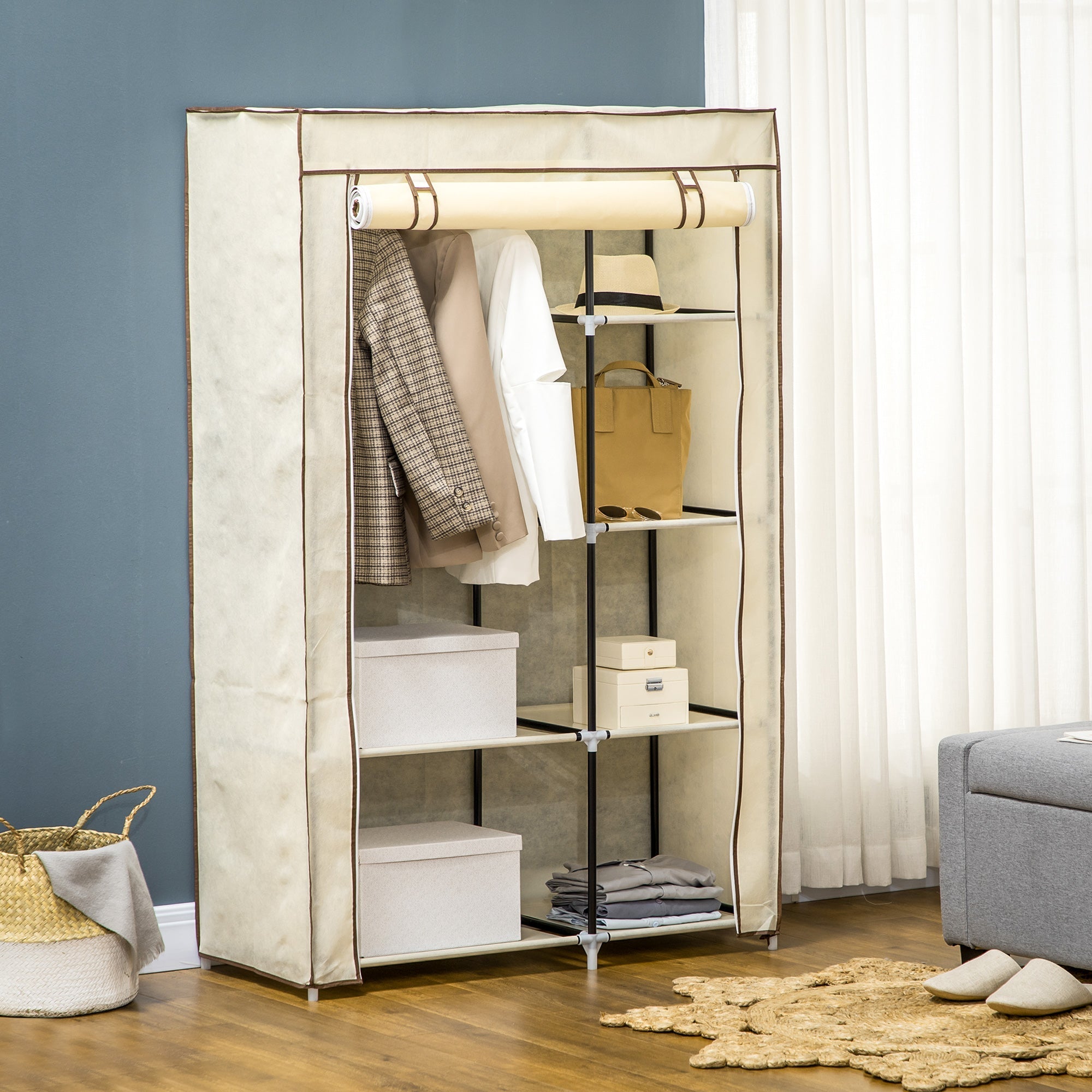 Kleiderschrank faltbar, 2 Kleiderstangen & 6 Fächer, Stoff Creme
