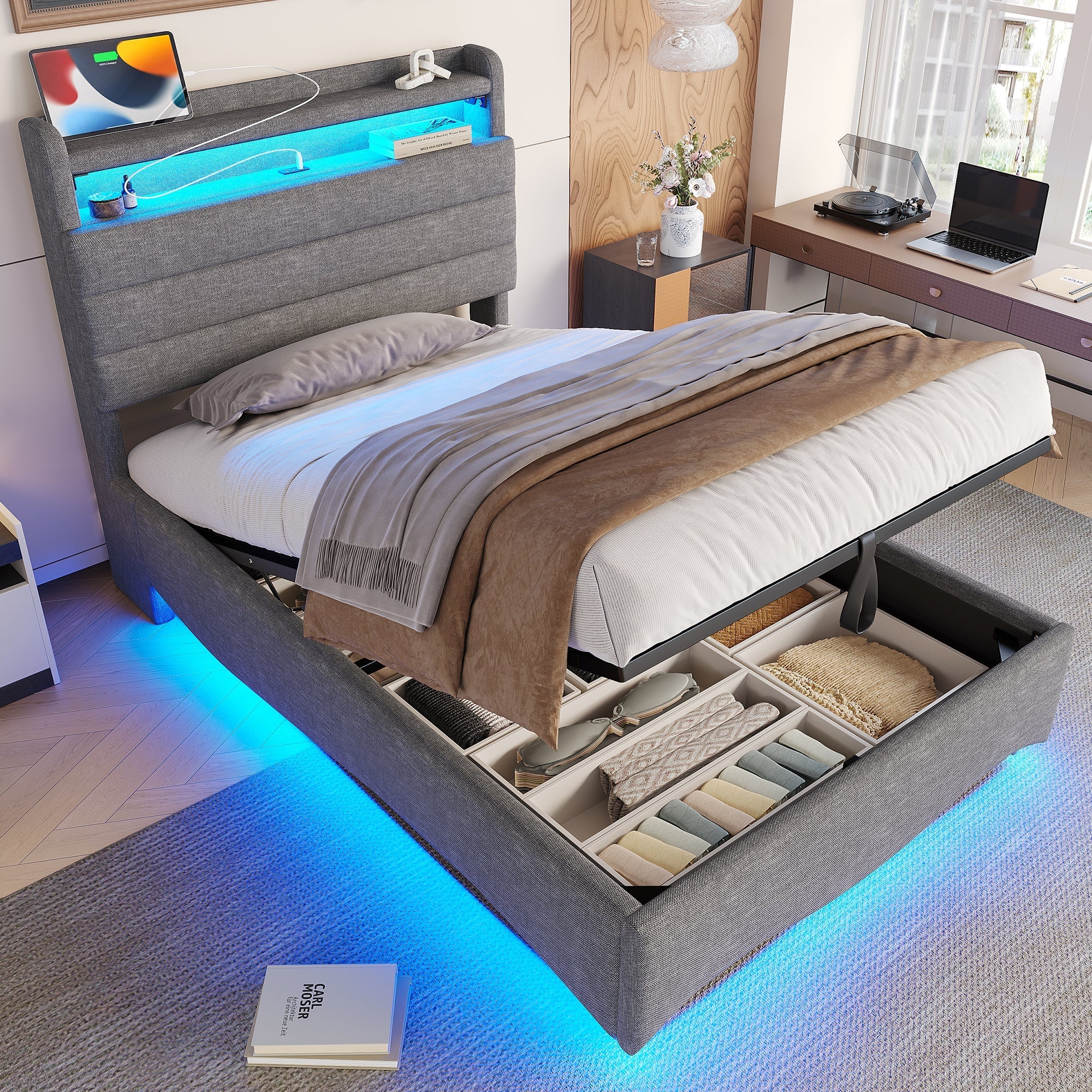 Upholstered Bed with LED Lighting, Hydraulic Storage and USB Ports, Grey Linen Fabric