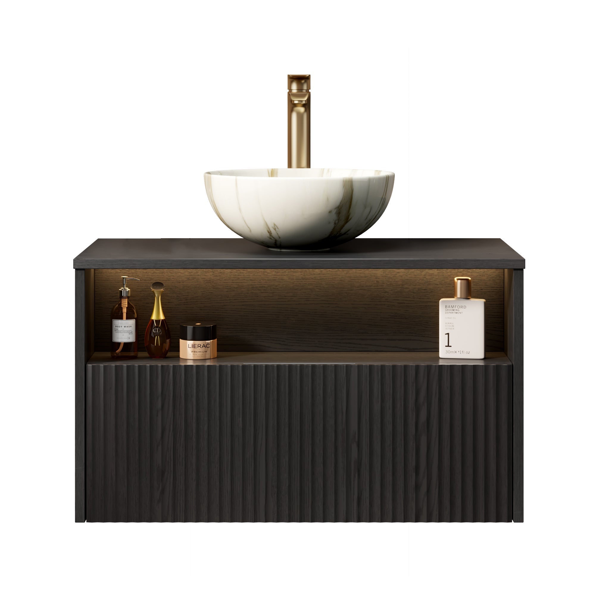Floating Bathroom Vanity with Ceramic Basin and Sensor Light, 80cm Plywood, Black
