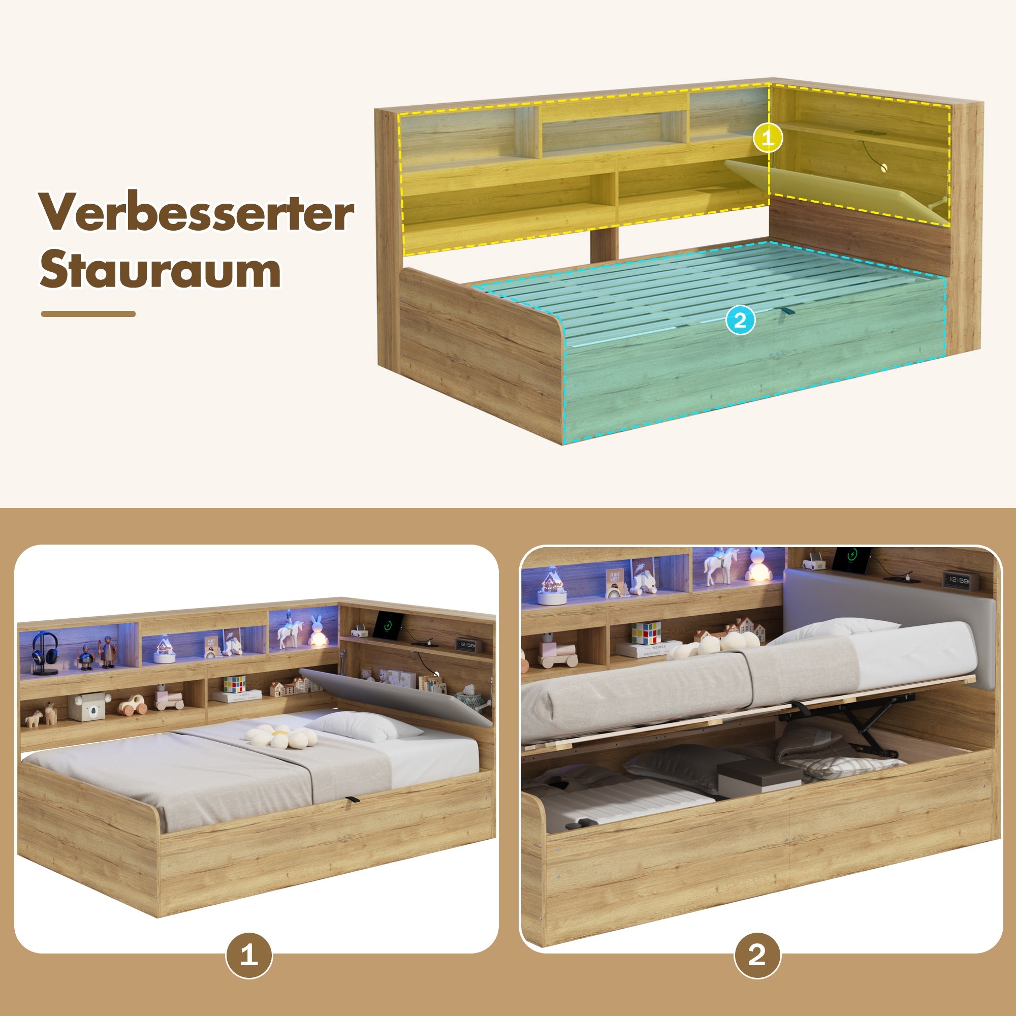 Daybed with Hydraulic Storage, USB Charging and LED Lighting, 90x200cm, Natural Wood