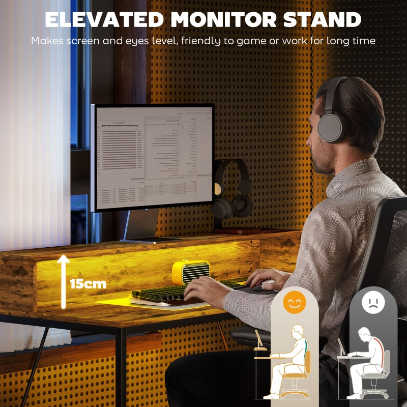 120cm Computer Desk Gaming Table LED Lights Power Outlets Monitor Stand, Rustic Brown