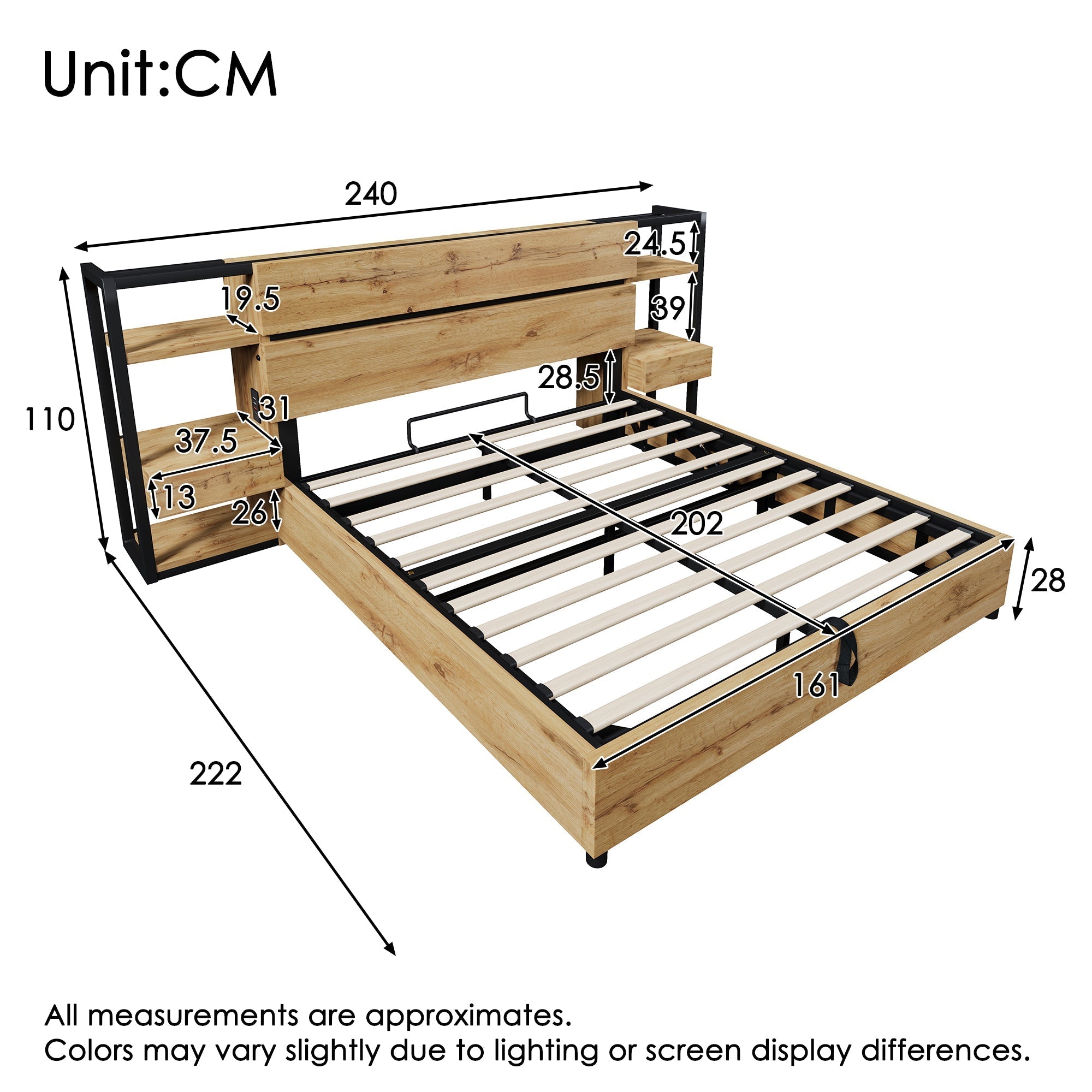 Wooden Double Bed 160×200cm Hydraulic Storage Headboard USB Charging Oak Color