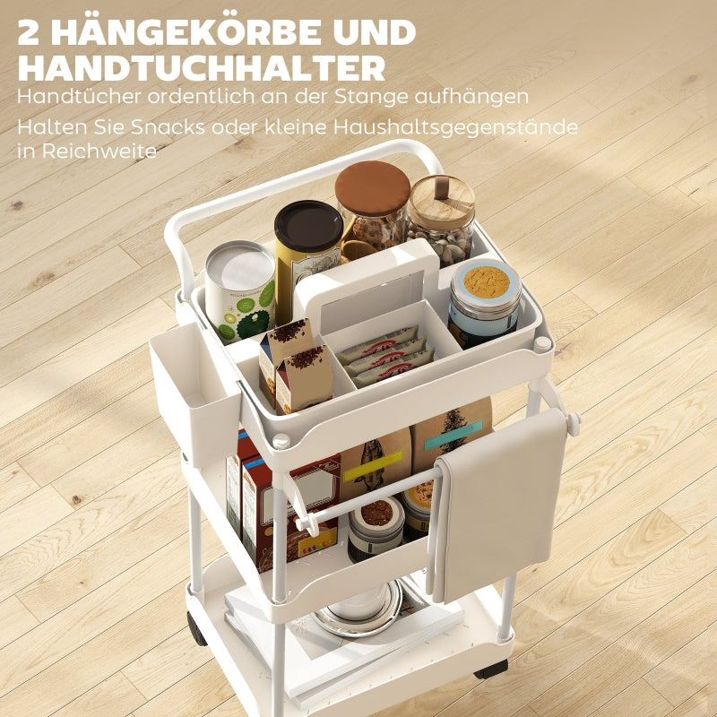 Storage Trolley 3 Baskets Towel Rack Wheels White