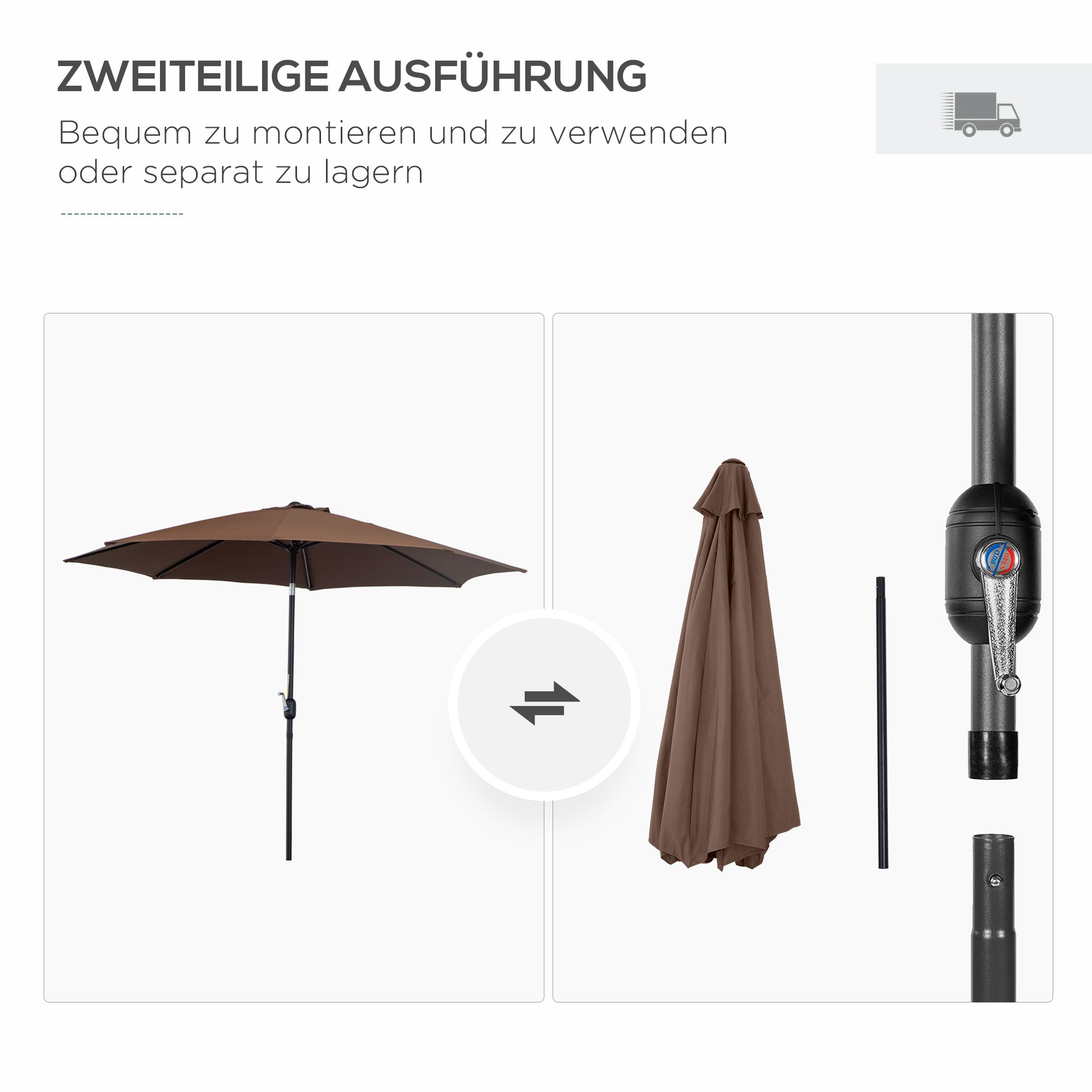 Parasol with Hand Crank, Tilting Market Umbrella, Stable, Brown Polyester