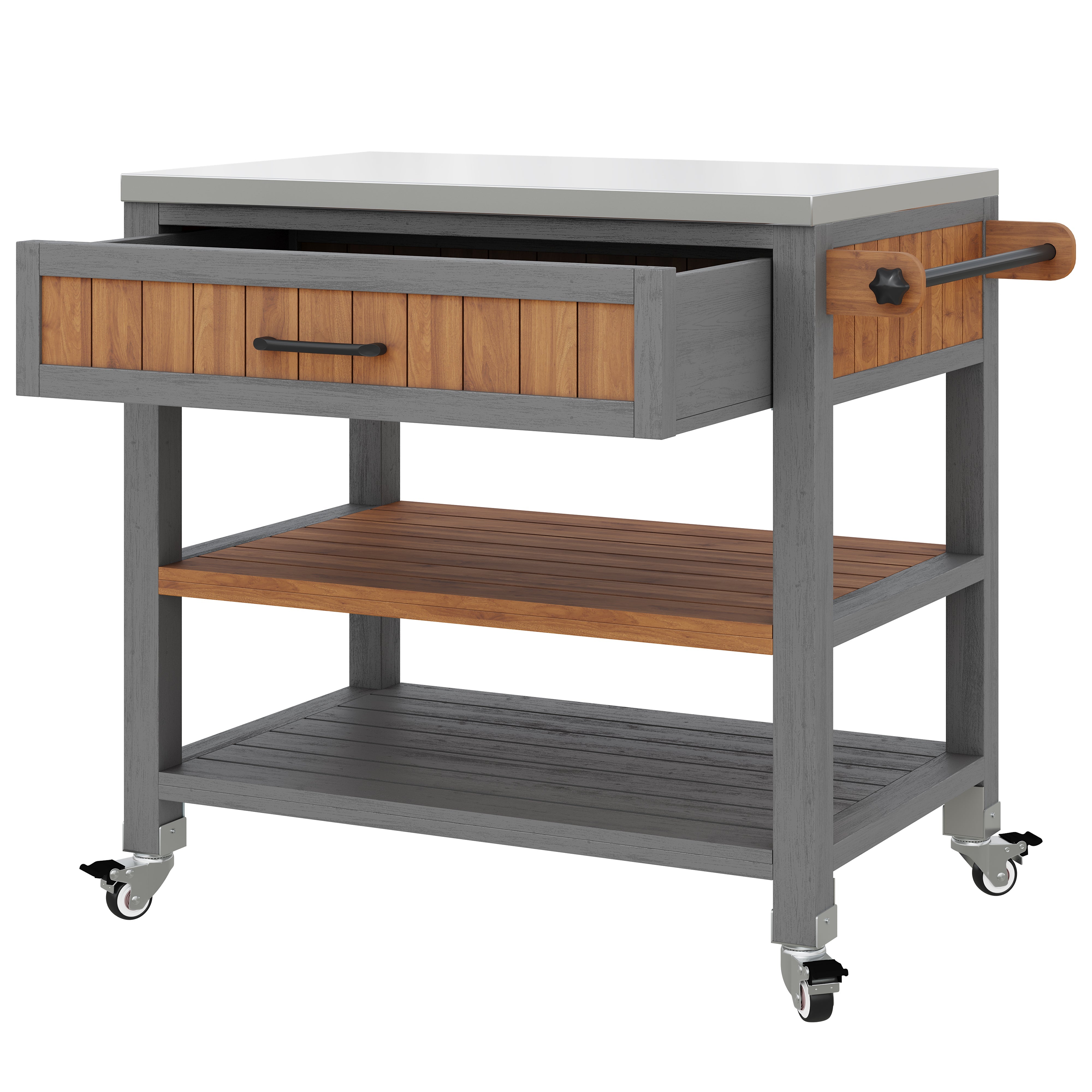 Garden Cabinet with Wheels, Drawer and Towel Rack, Stainless Steel Worktop