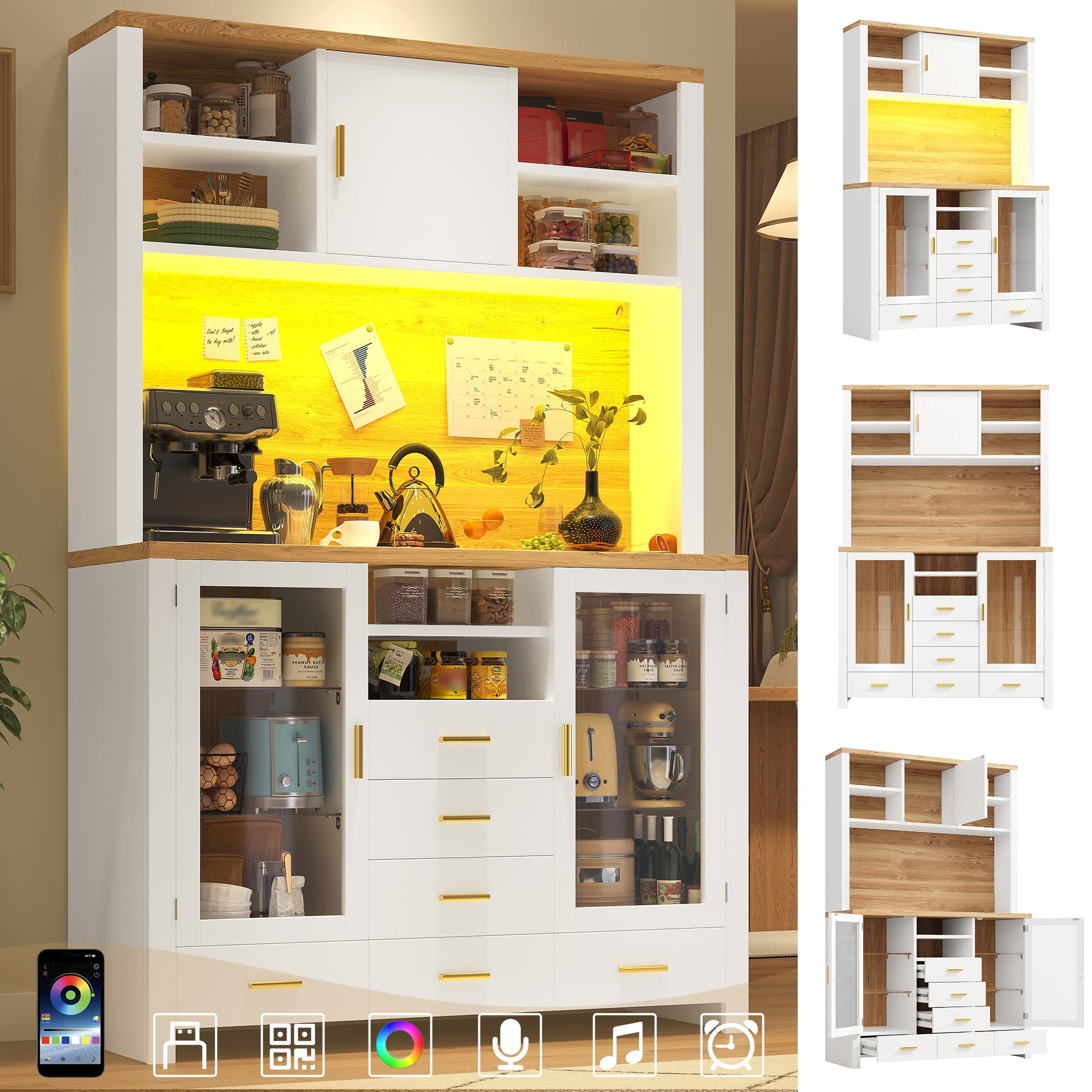 Buffet Sideboard Cabinet with LED Light Strip and Storage Drawers, 120x40x188cm, White and Wood Look