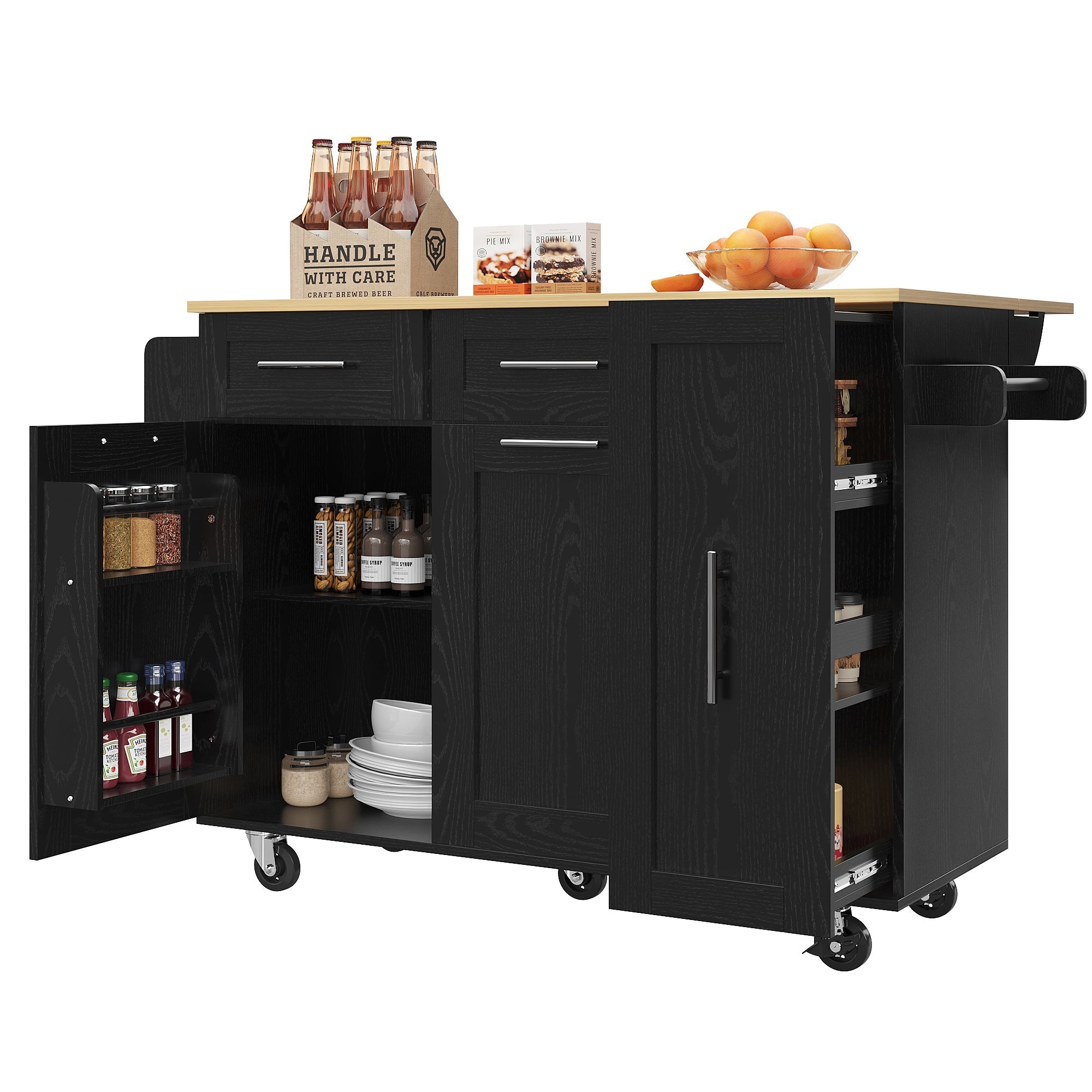 Modern Kitchen Island Buffet Cabinet Dining Table Storage Cart Wood Grain Black