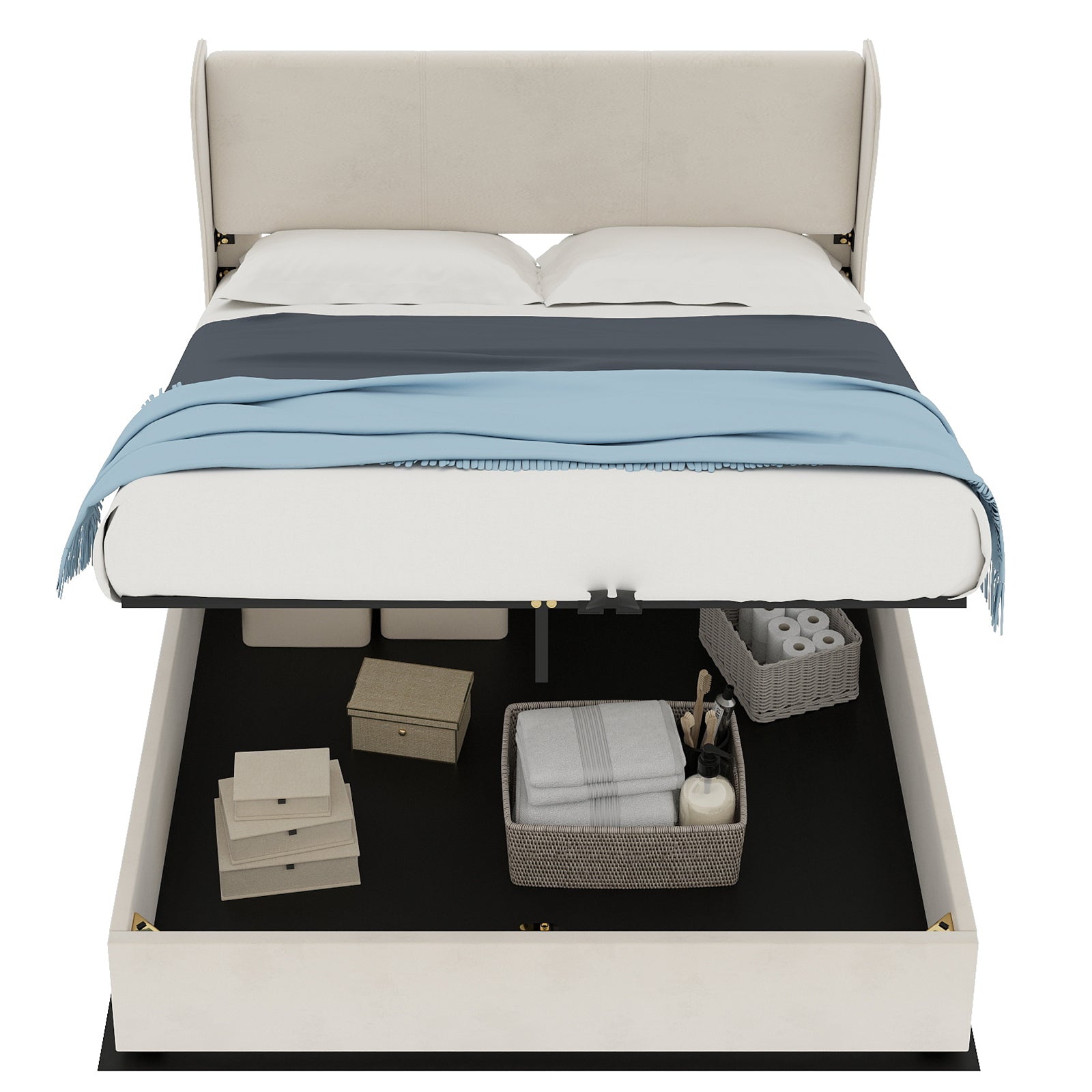 Modern Minimalist Upholstered Bed, 140x200 cm with Gas Lift Storage and Headboard, Beige