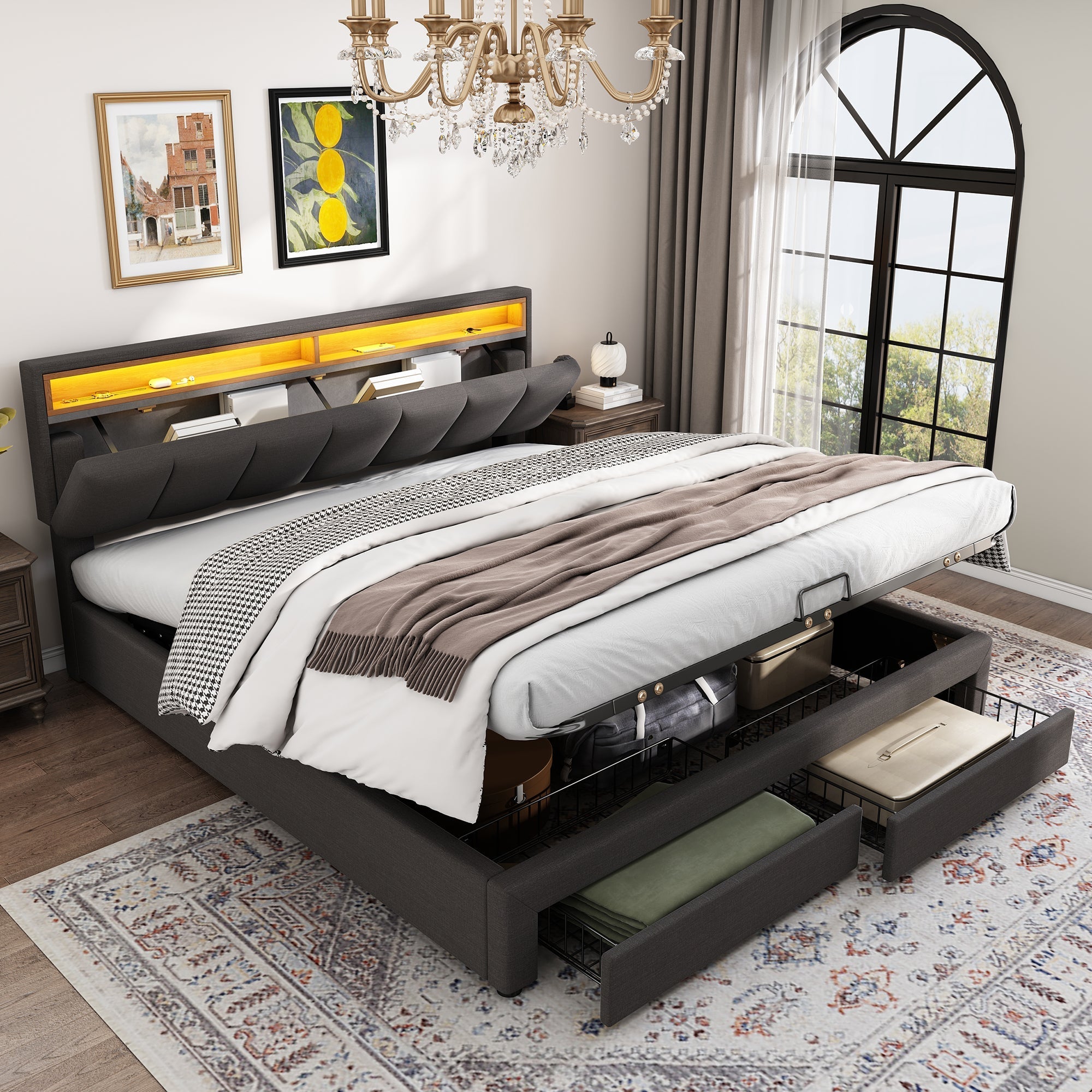 Upholstered Double Bed 160x200cm Hydraulic Storage LED Stowable Headboard - Linen Grey