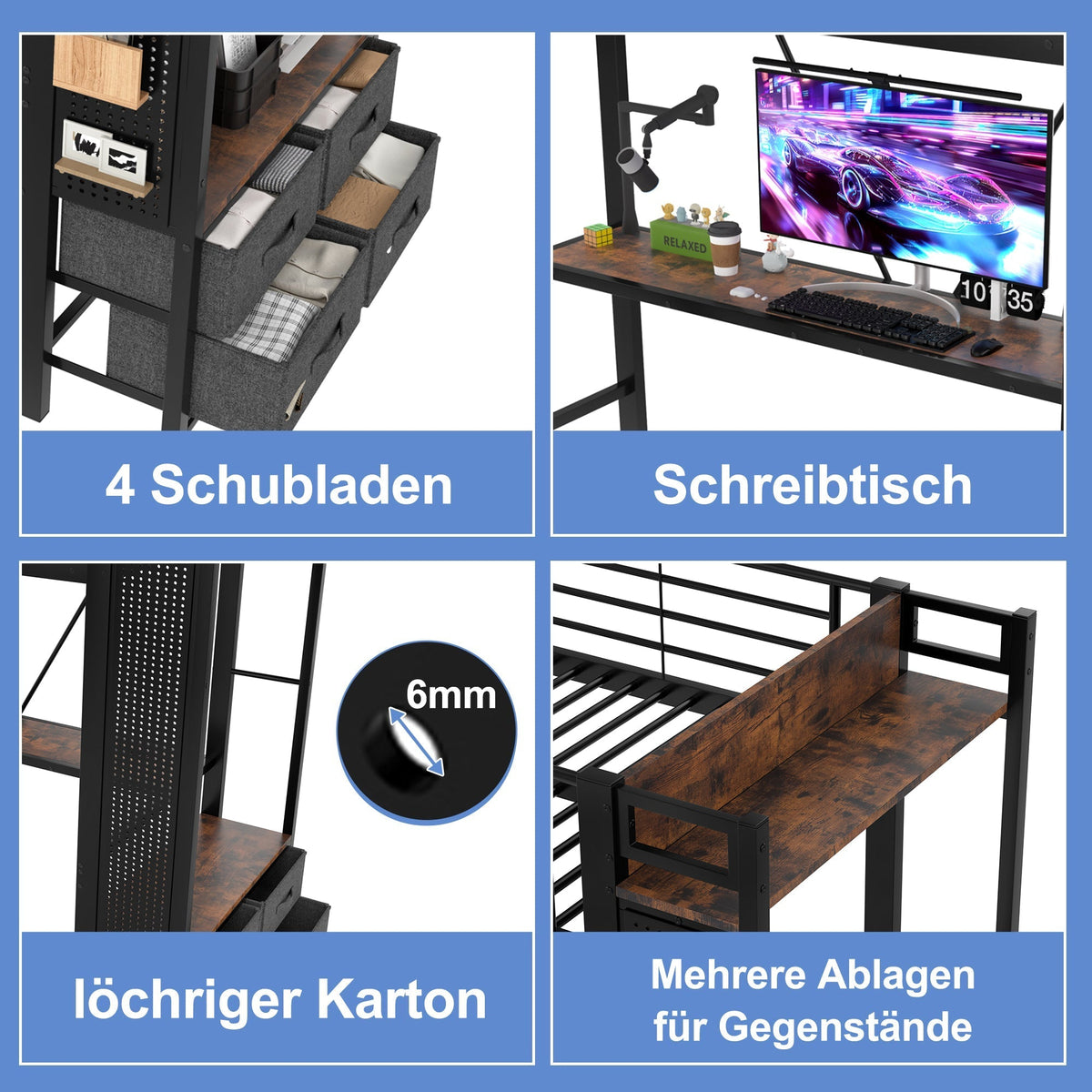 Loft Bed 90x200cm with Desk, Drying Rack, Storage, USB/Type-C & LED - Black Iron Frame