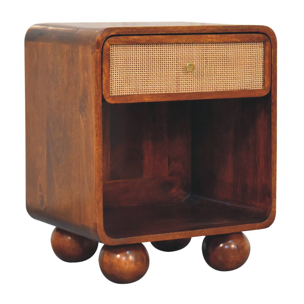 Solid Wood Bedside, Open Woven 1 Drawer, Dark Brown Chestnut