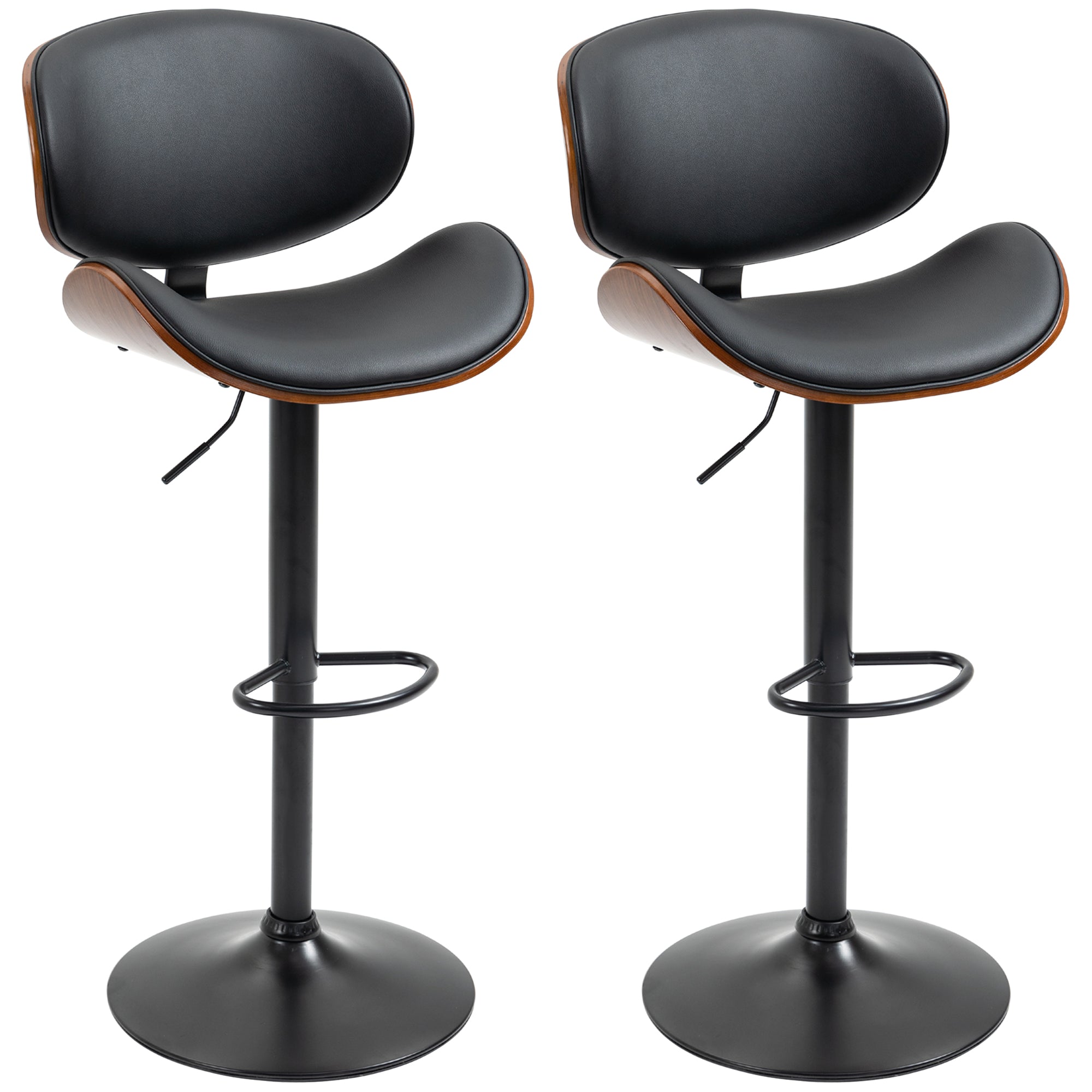 Bar Stools, Set of 2 Height-Adjustable Swivel with Footrests, Faux Leather Black