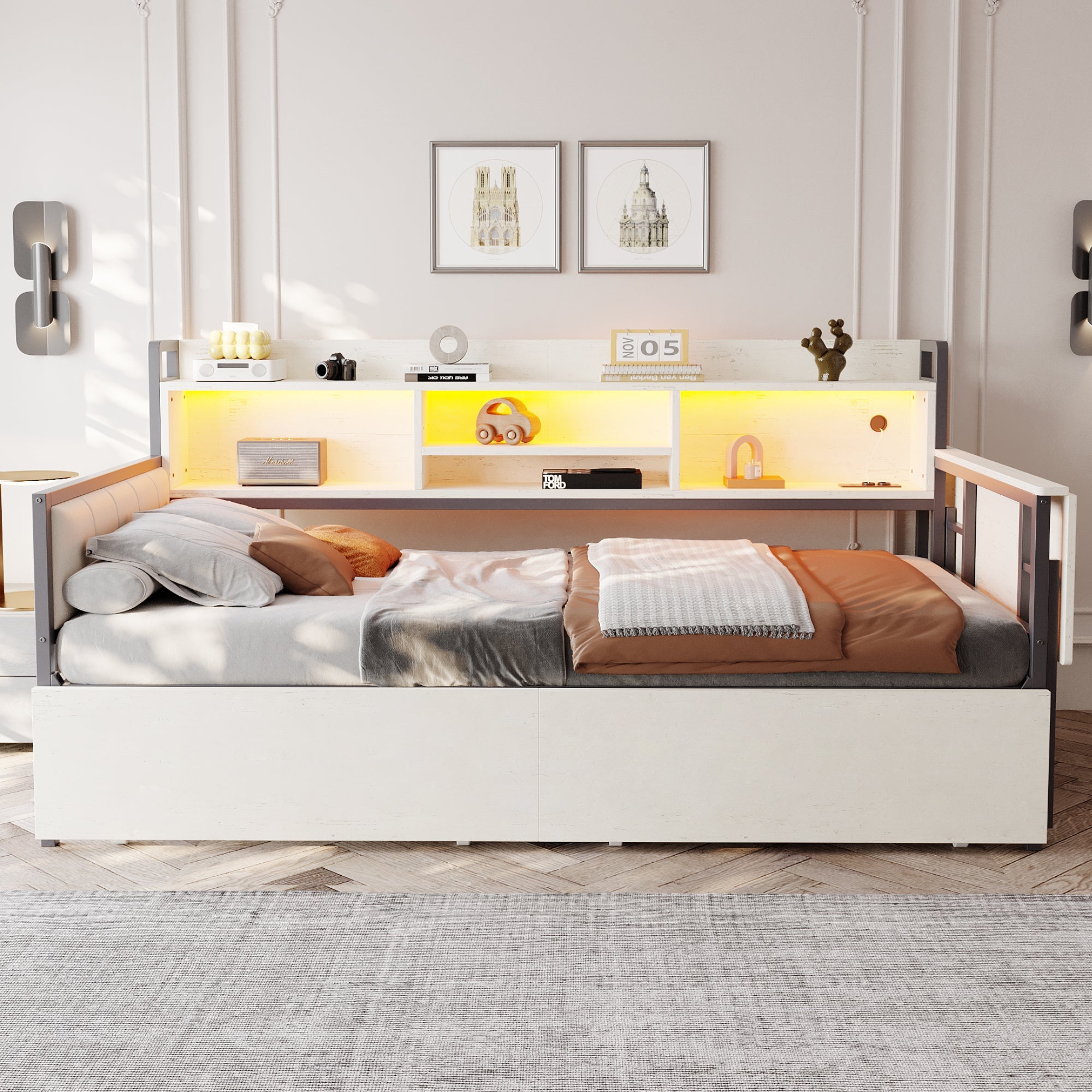 Iron Sofa Bed 90x200cm LED Storage Drawers Fold-Out Desk White