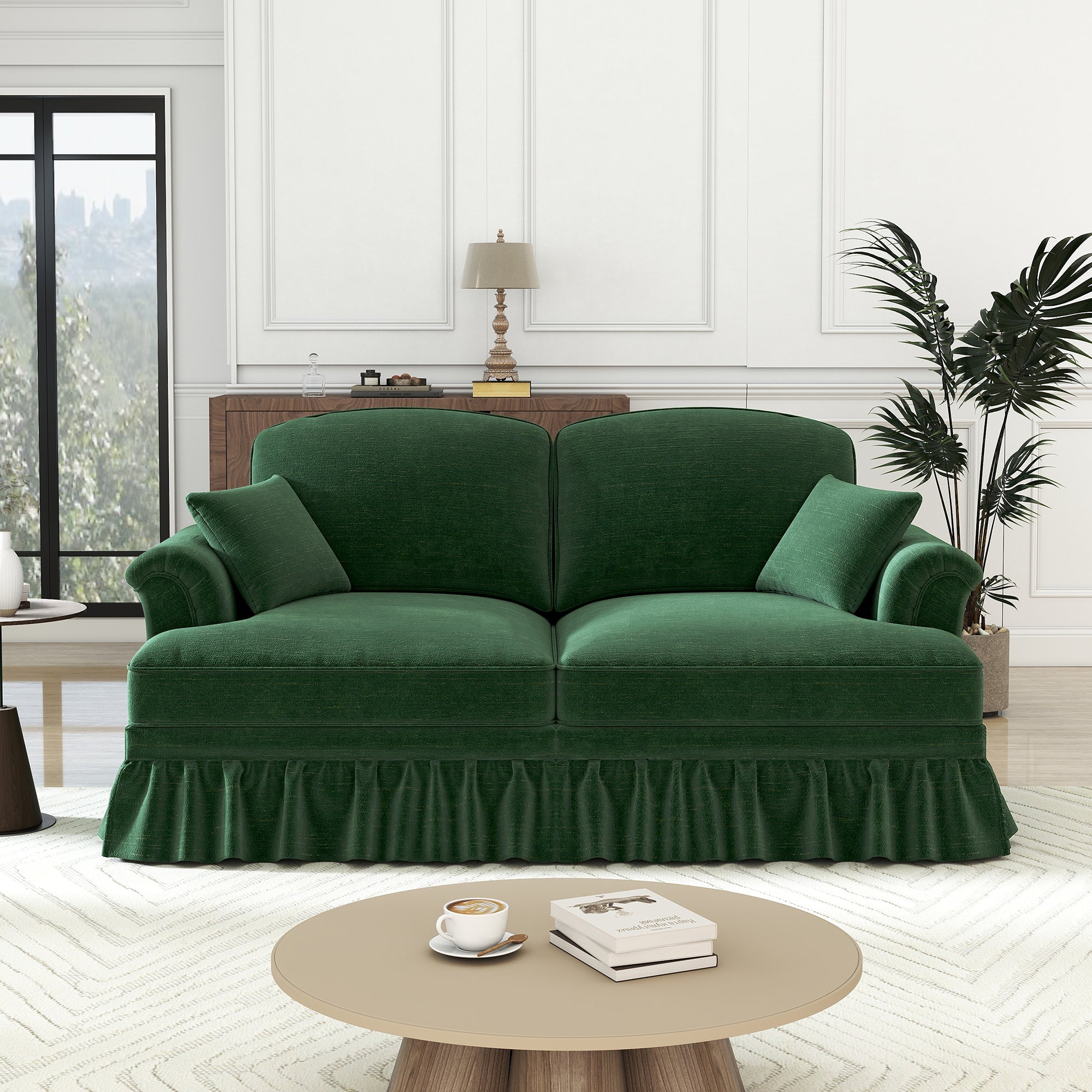 2-Seater Sofa Mid-Century Modern Flared Armrests Wooden Legs - Chenille Green