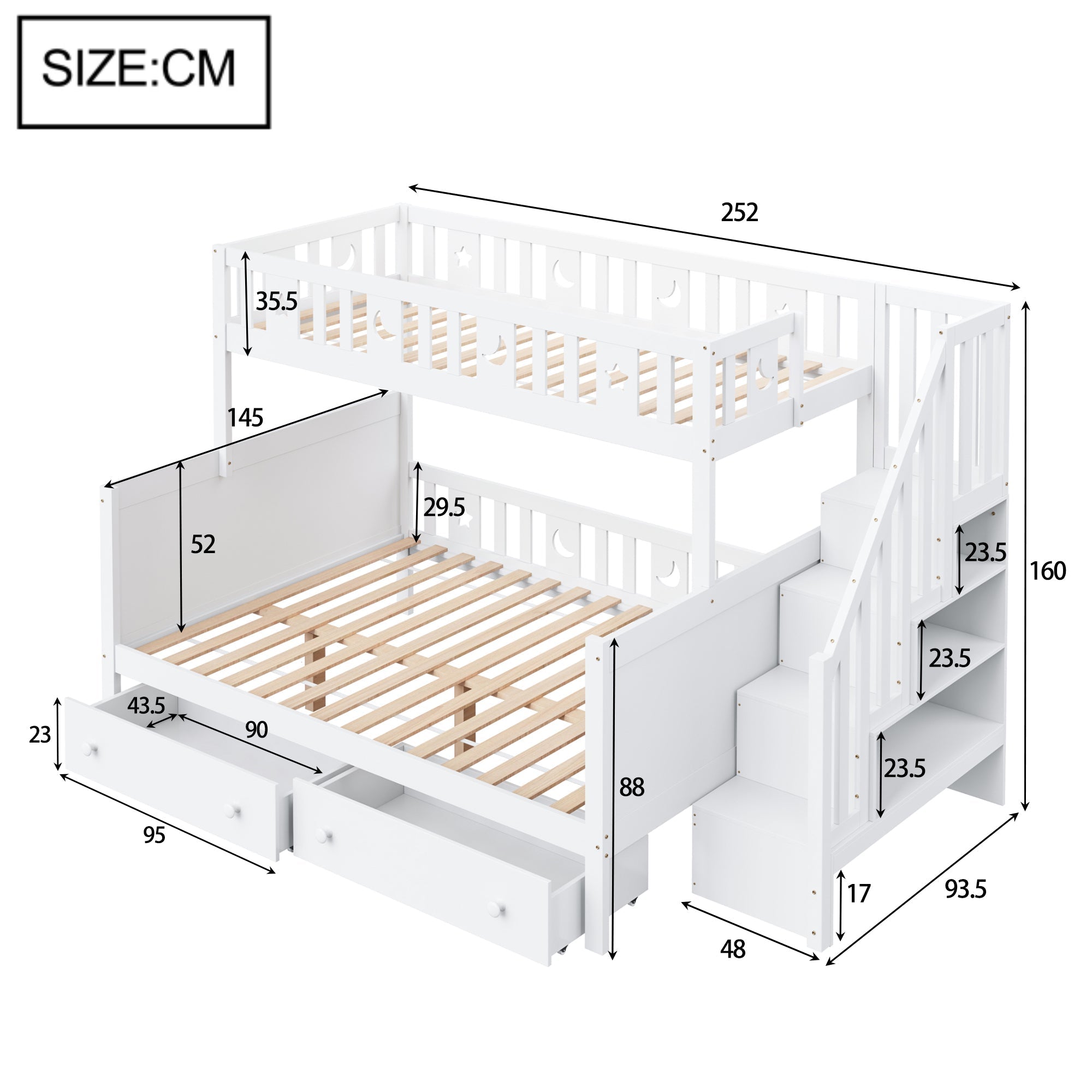 Children's Bunk Bed 90*200/140*200cm Safety Stairs Drawers Slatted Base, Solid Wood White