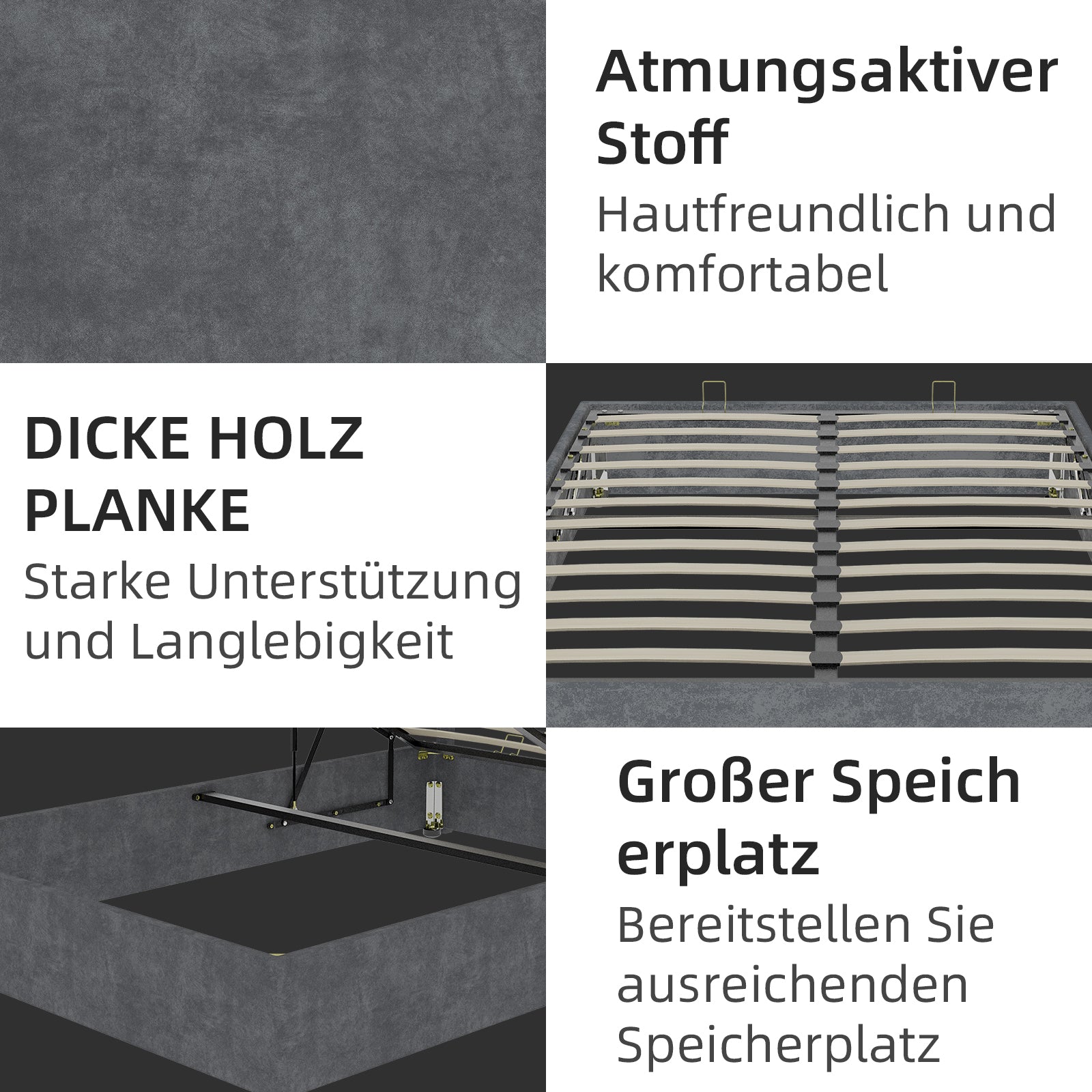 Bed Frame 160x200cm Minimalist Gas Lift Rods, Dutch Velvet Gray