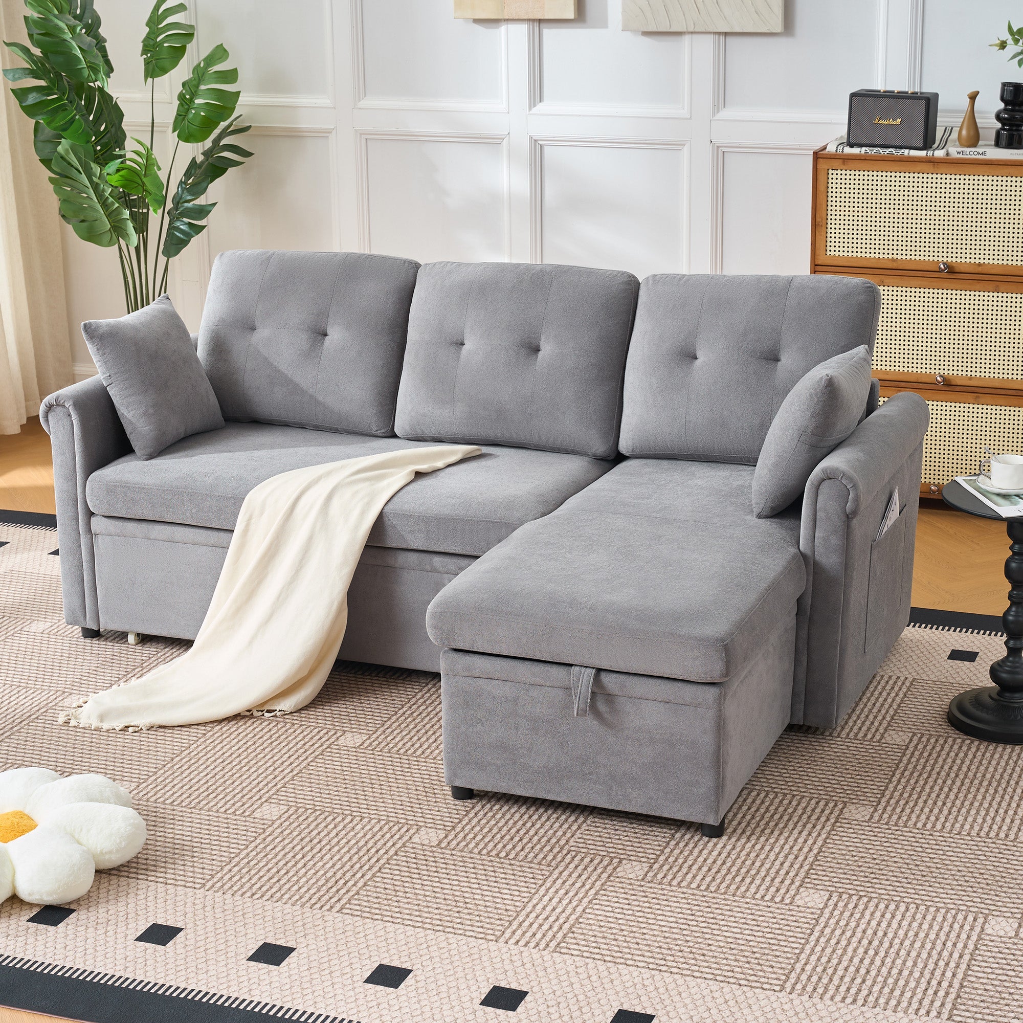 L-Shaped Corner Sofa Bed with Storage, Sleeping Function, Reversible, Chenille Grey